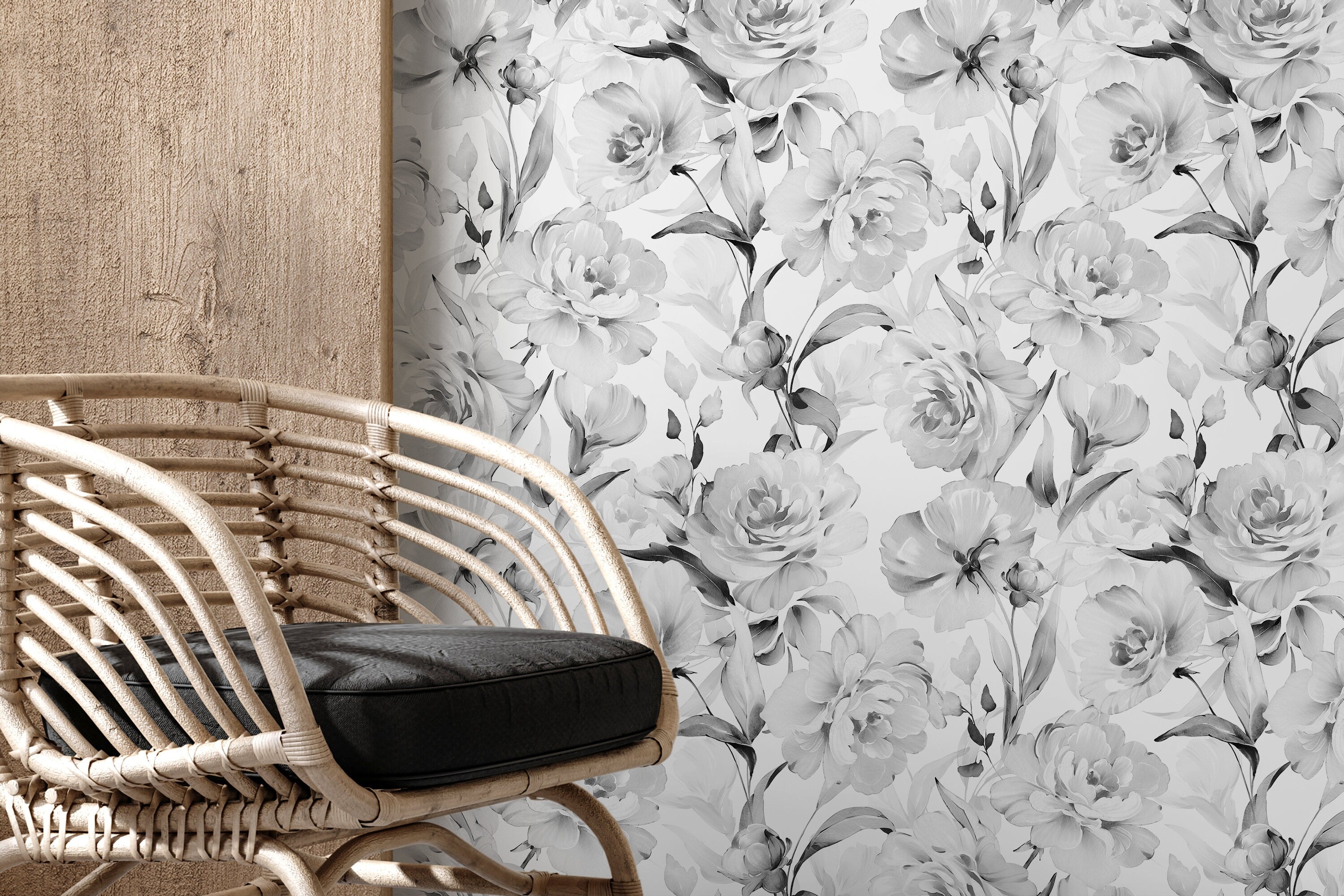 Vintage Wallpaper With A Painterly Peony Motif In Gray And Black - D529