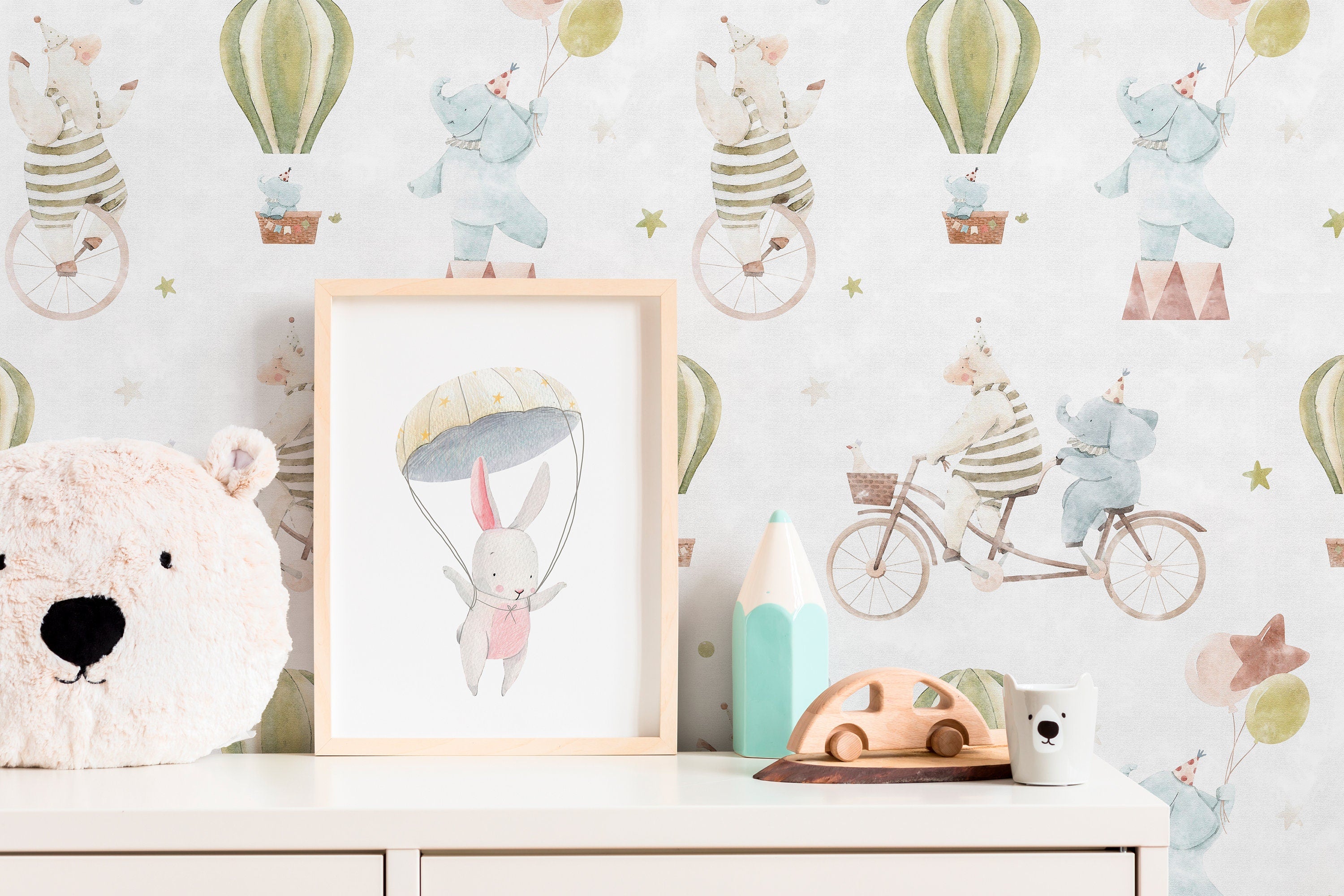 Circus Wallpaper With Watercolor Animals In Blue, Green, And Pink - D531