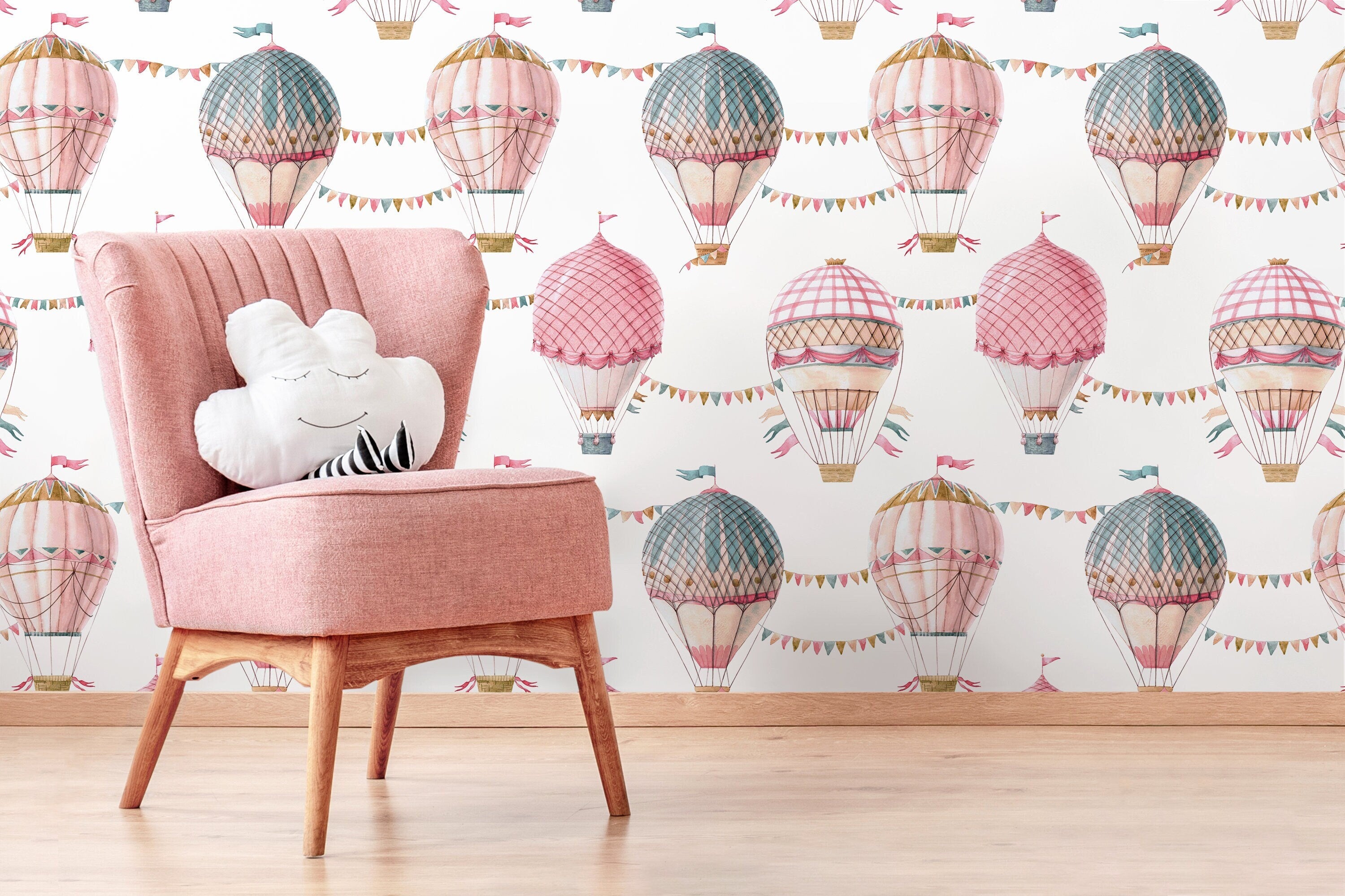 Nursery Wallpaper With Whimsical Hot Air Balloons In Pink, Blue, And Gold - D532