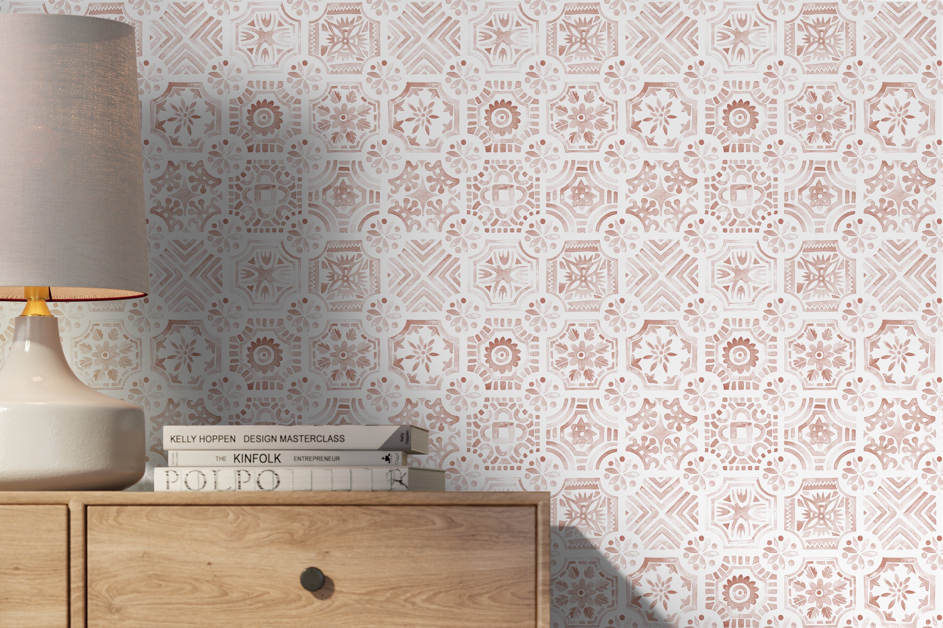 Tile Wallpaper With A Watercolor Moroccan Motif In Terracotta Red - D533