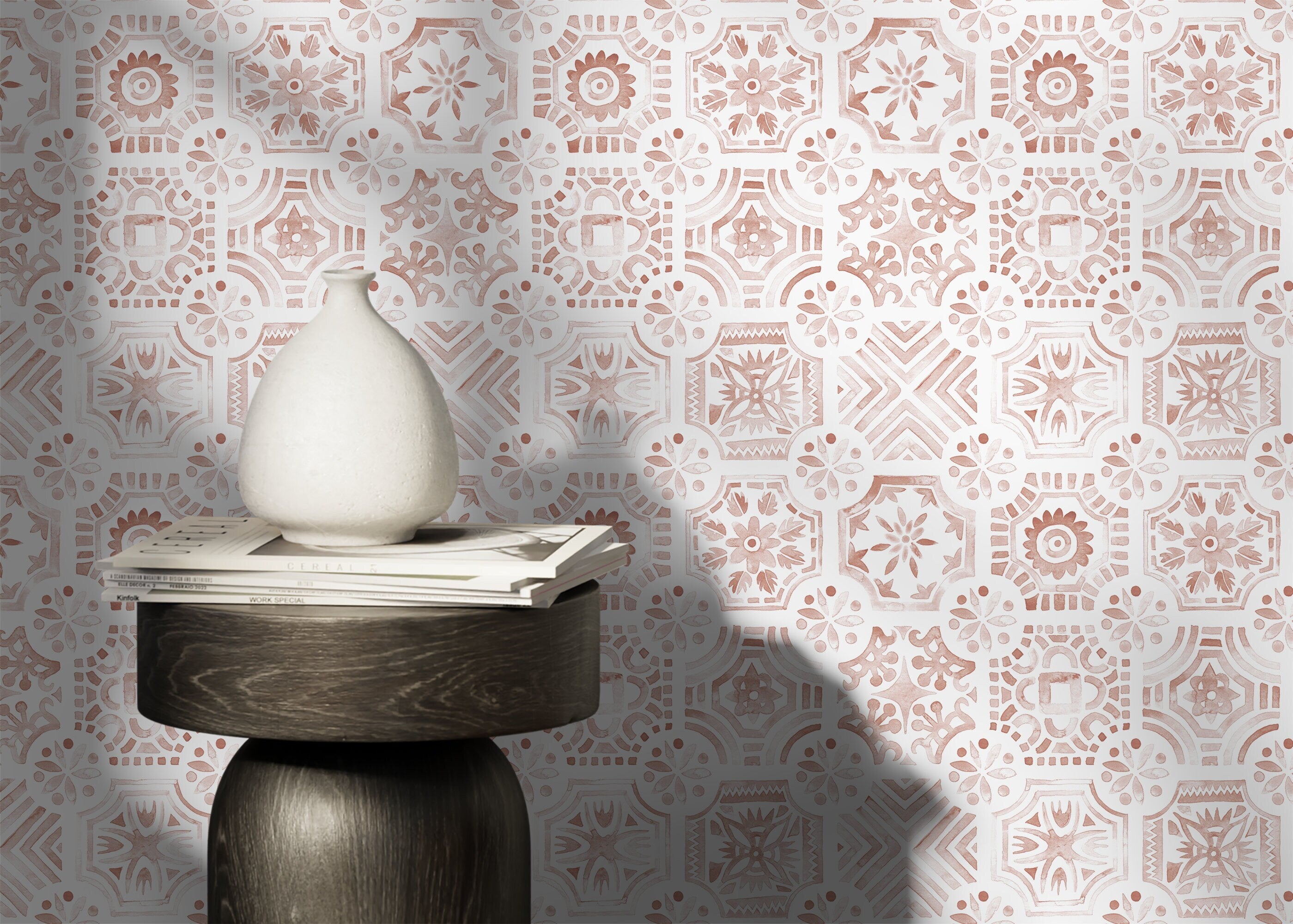 Tile Wallpaper With A Watercolor Moroccan Motif In Terracotta Red - D533