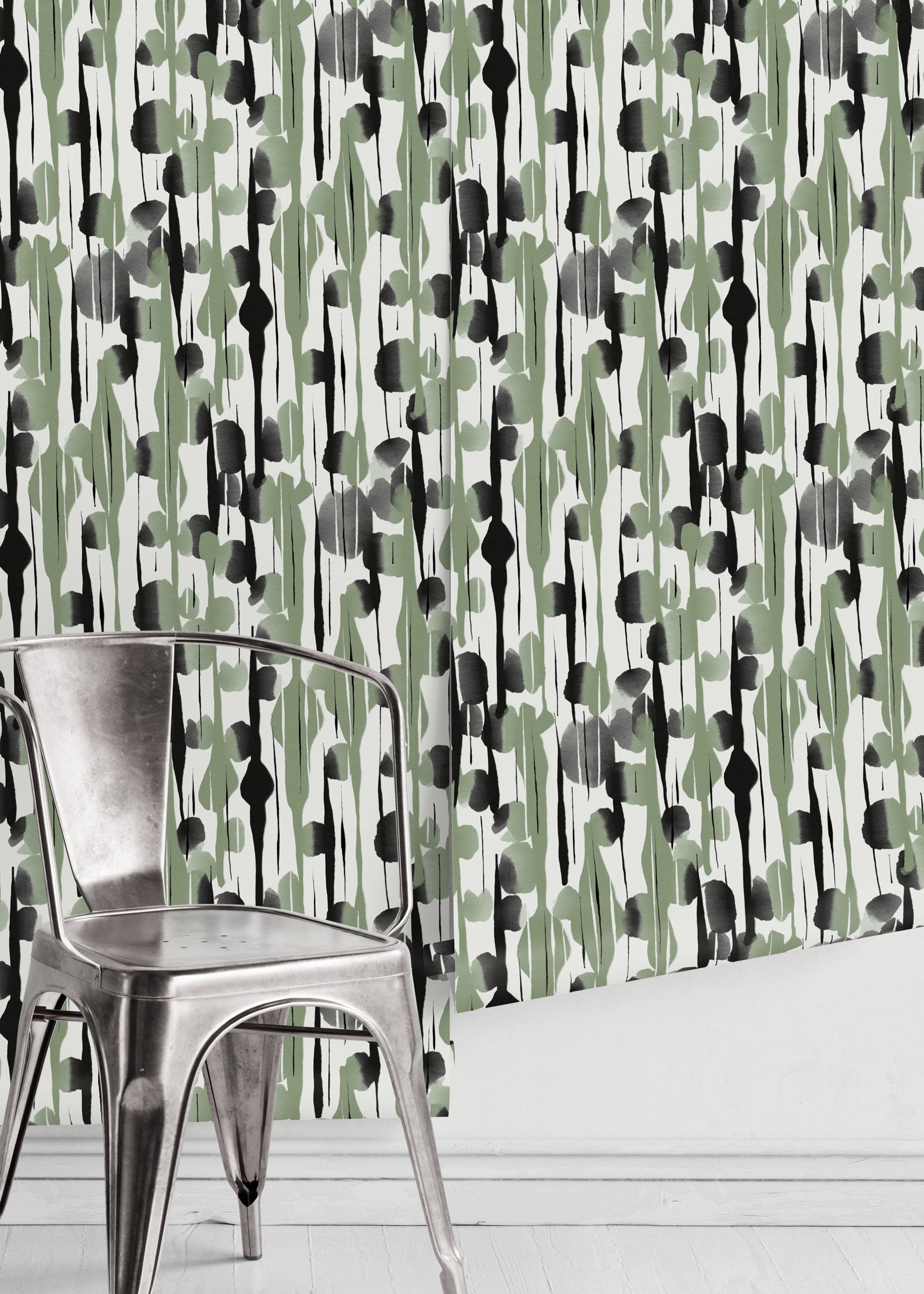 Abstract Wallpaper With Vertical Brushstroke Motifs In Black And Green - D537