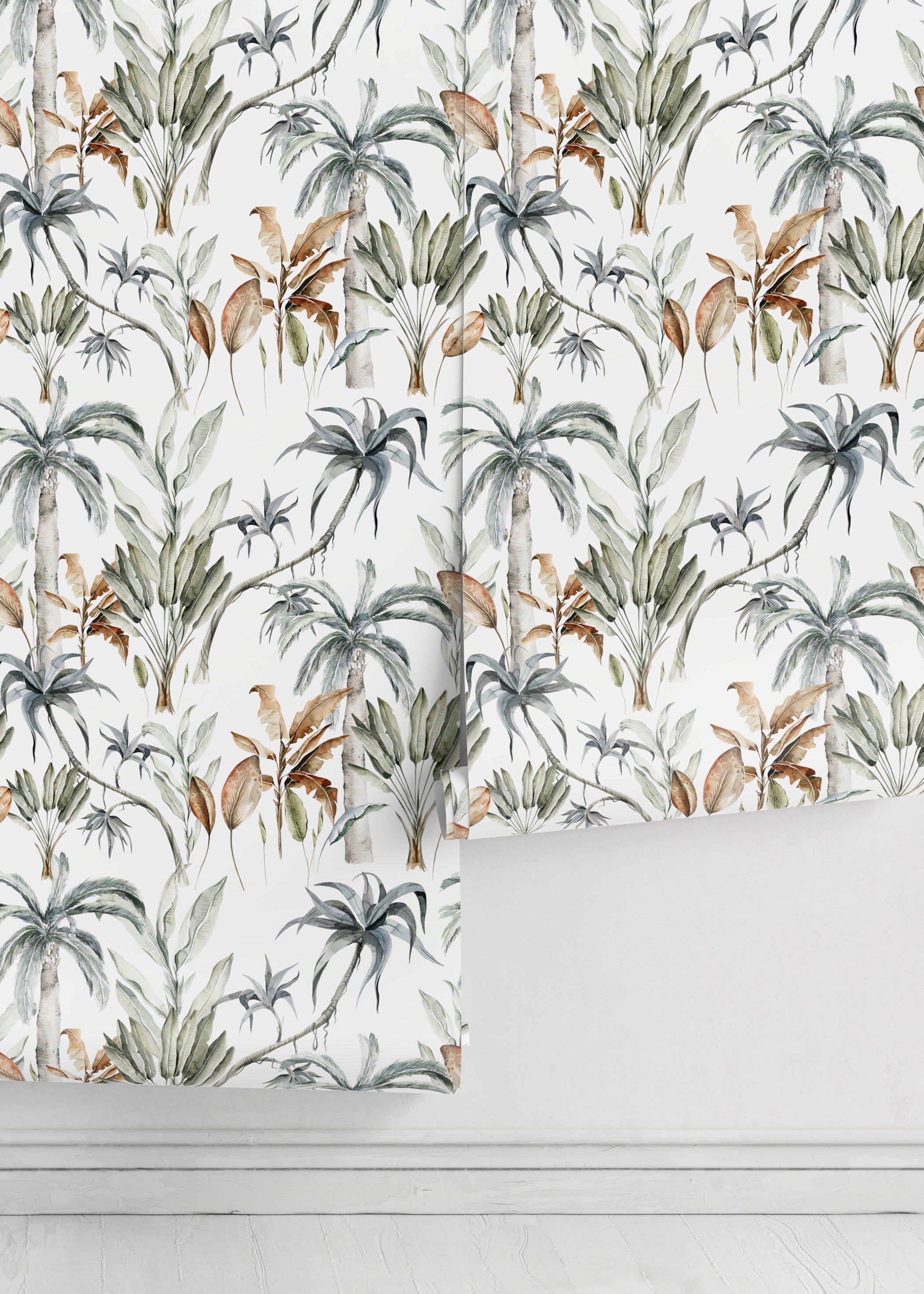 Botanical Wallpaper With A Watercolor Jungle Motif In Green, Blue, And Brown - D540