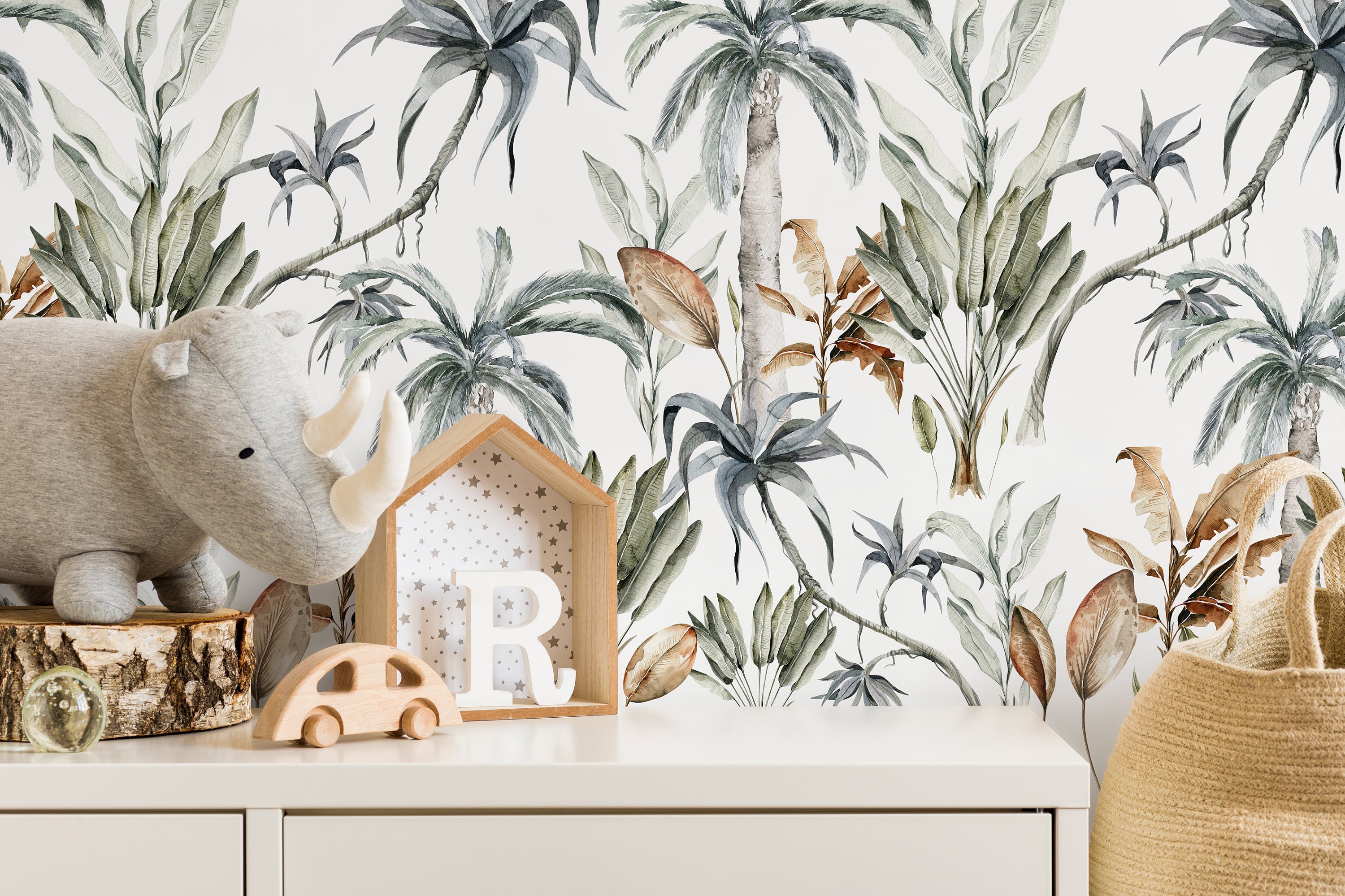 Botanical Wallpaper With A Watercolor Jungle Motif In Green, Blue, And Brown - D540