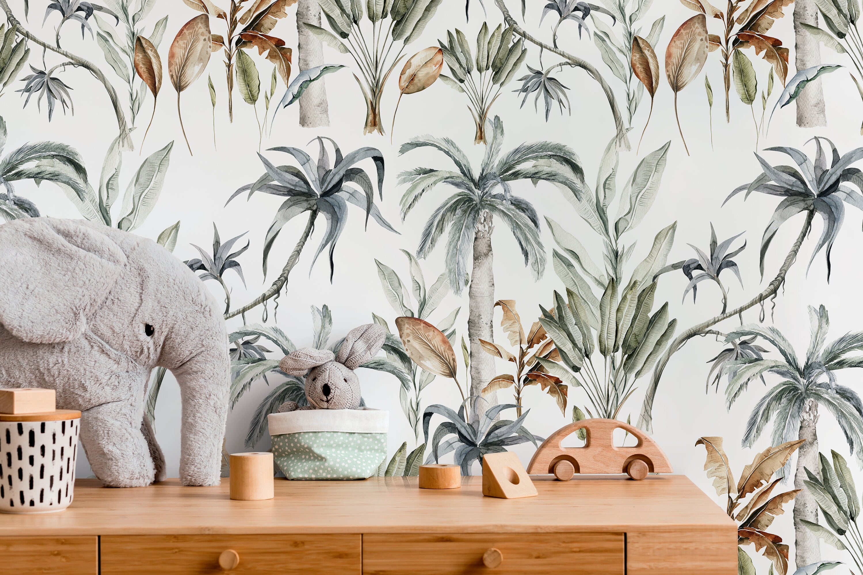 Botanical Wallpaper With A Watercolor Jungle Motif In Green, Blue, And Brown - D540