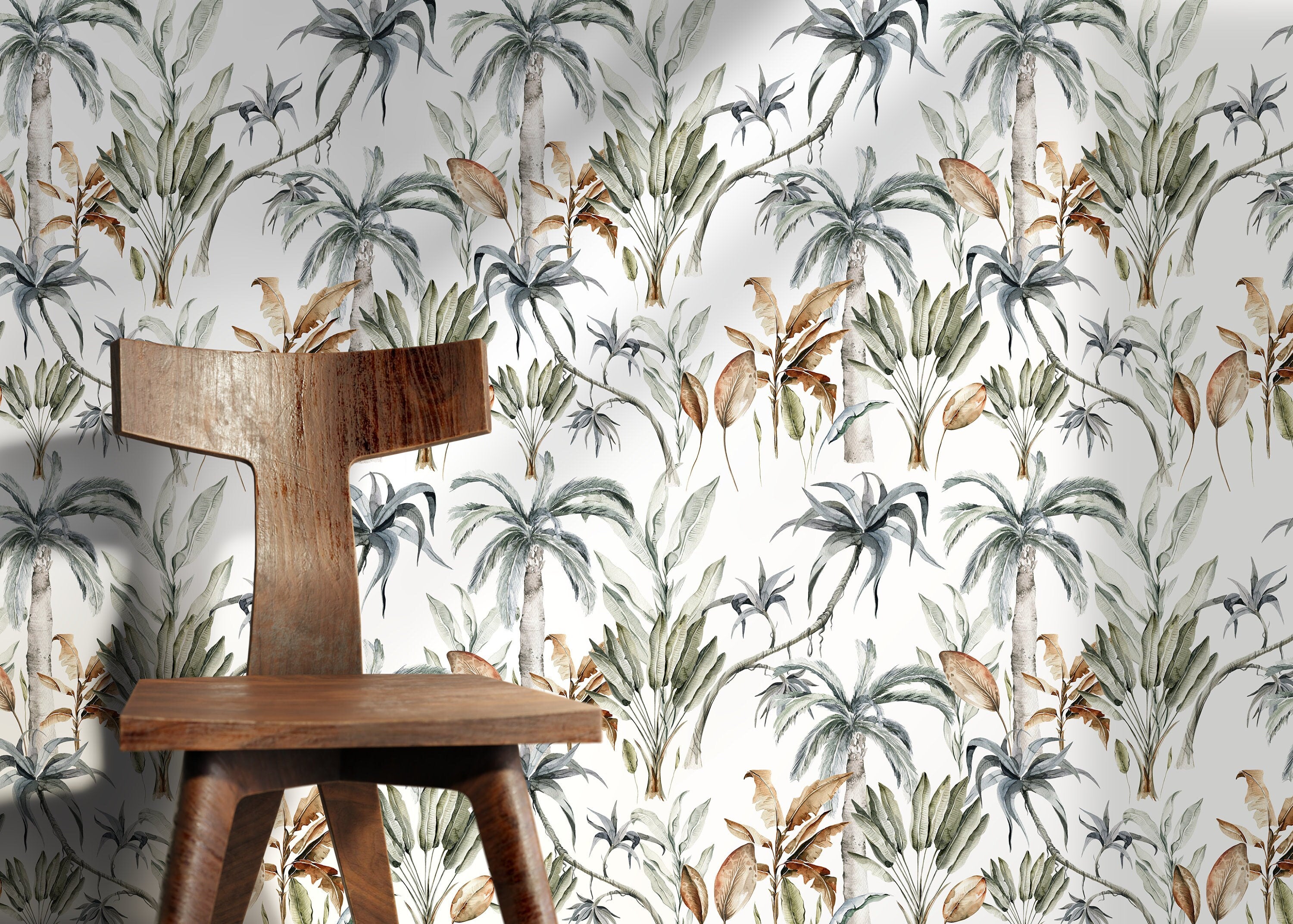 Botanical Wallpaper With A Watercolor Jungle Motif In Green, Blue, And Brown - D540