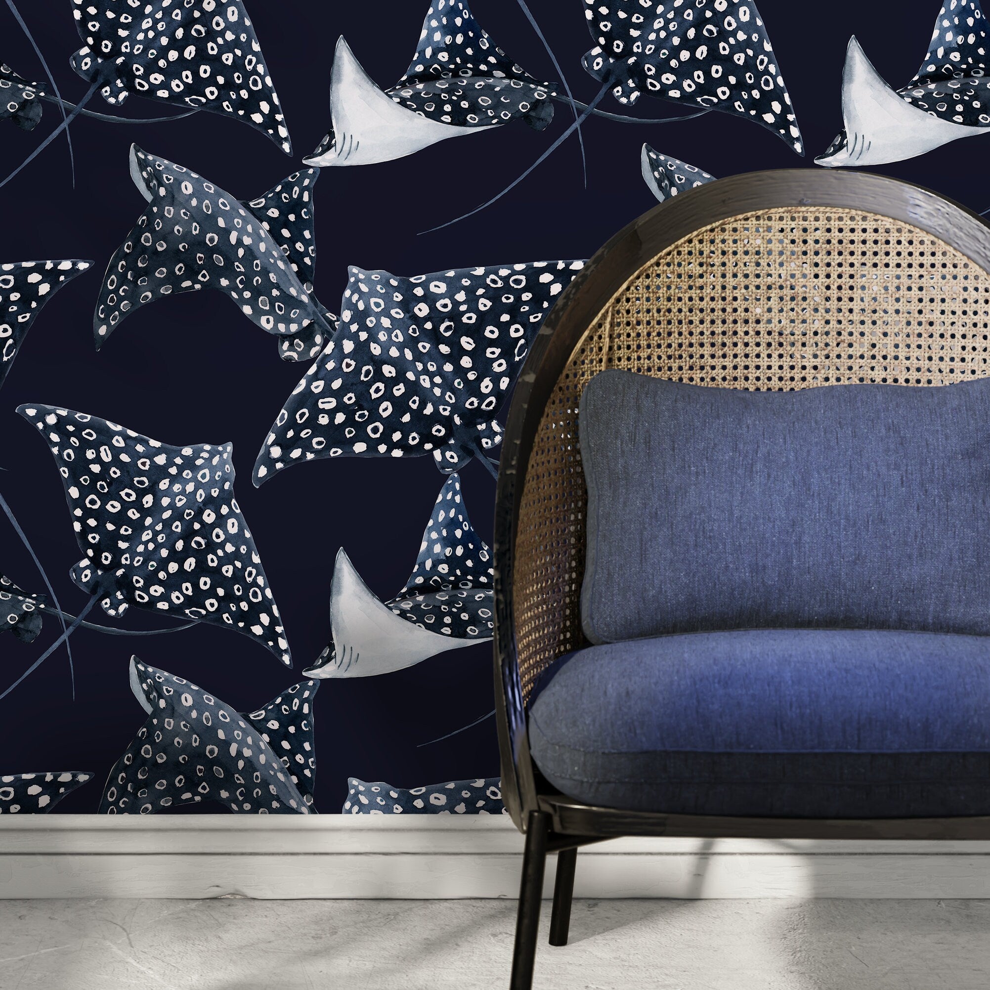 Nautical Wallpaper Featuring Watercolor Stingrays In Navy Blue And White - D542