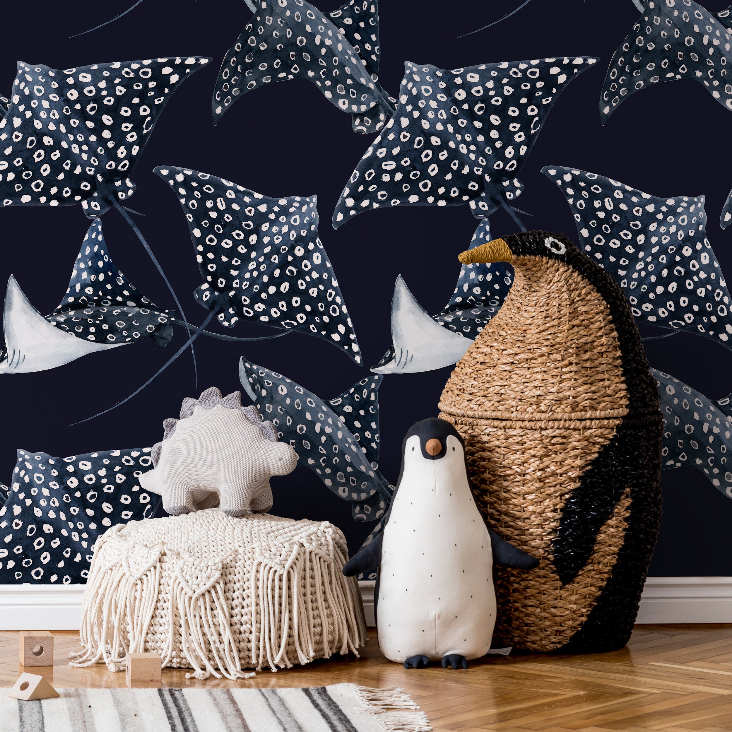 Nautical Wallpaper Featuring Watercolor Stingrays In Navy Blue And White - D542