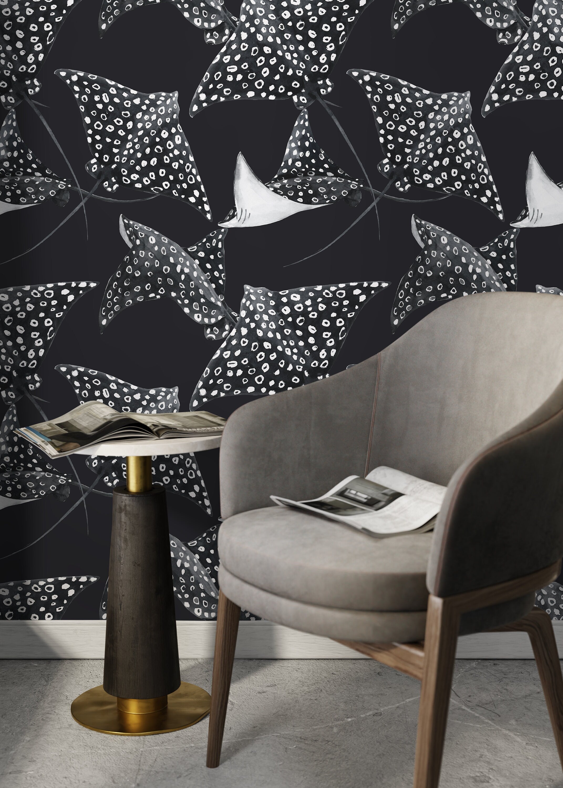 Animal Wallpaper With A Watercolor Stingray Motif In Black And White - D543