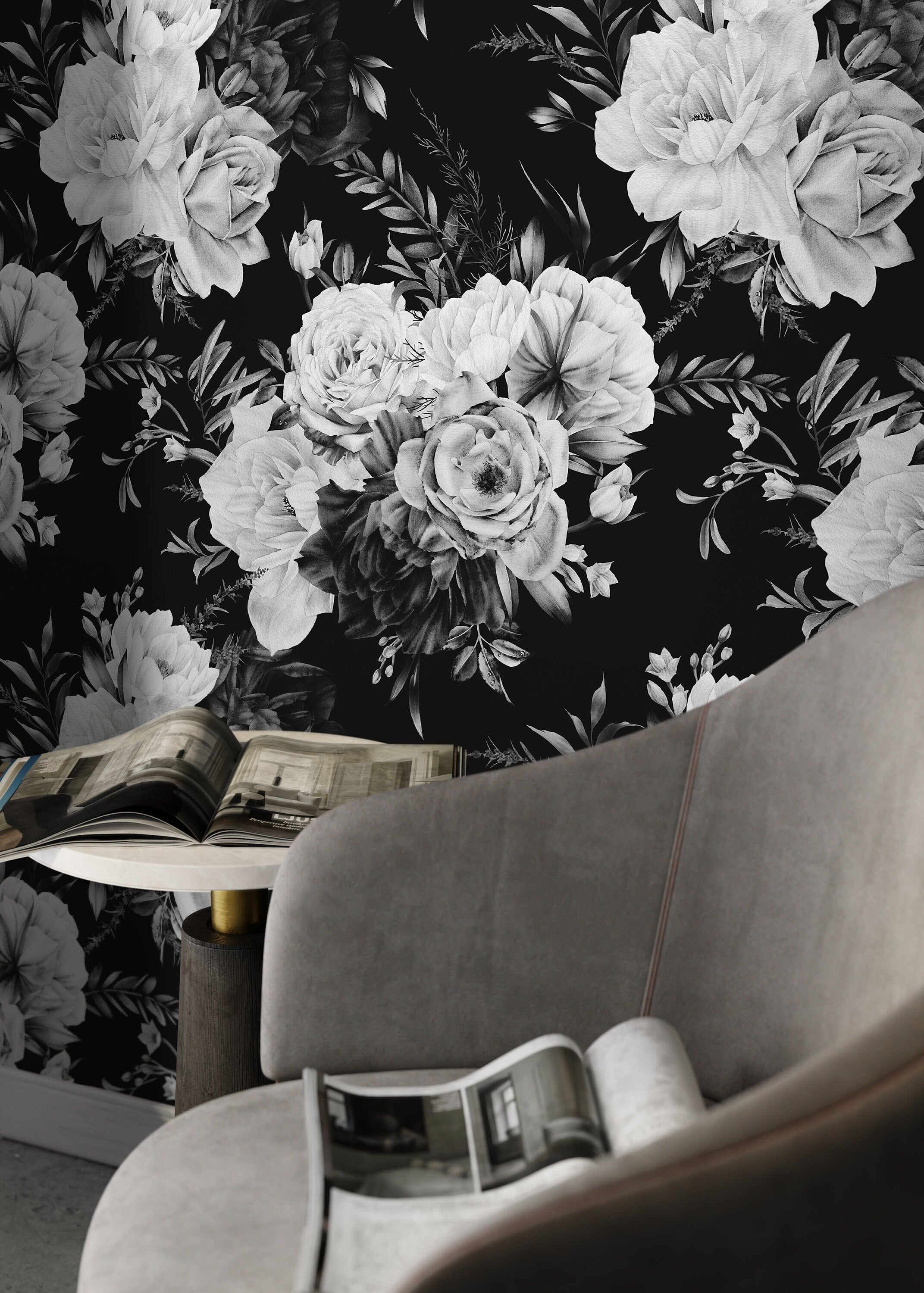 Floral Wallpaper With Moody Rose Bouquets In Black, White, And Gray - D544