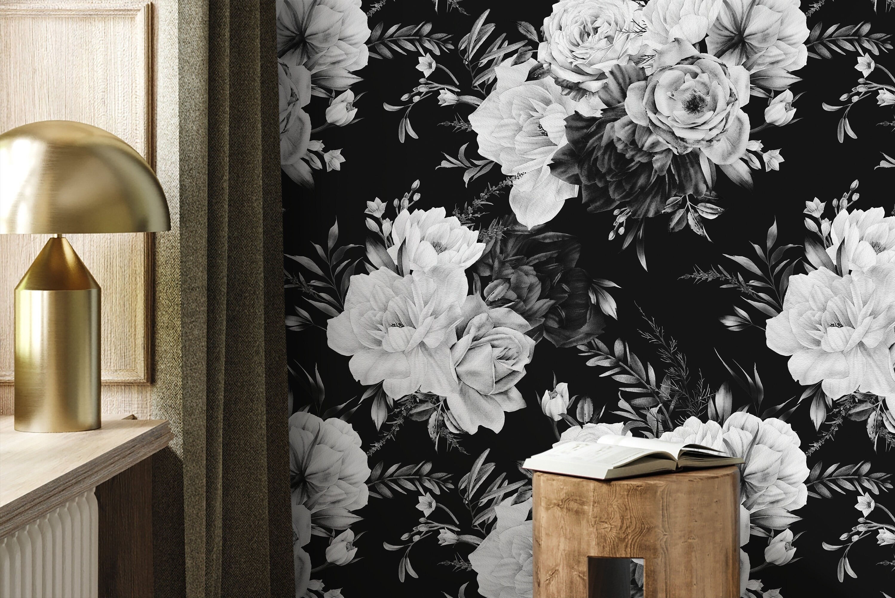 Floral Wallpaper With Moody Rose Bouquets In Black, White, And Gray - D544