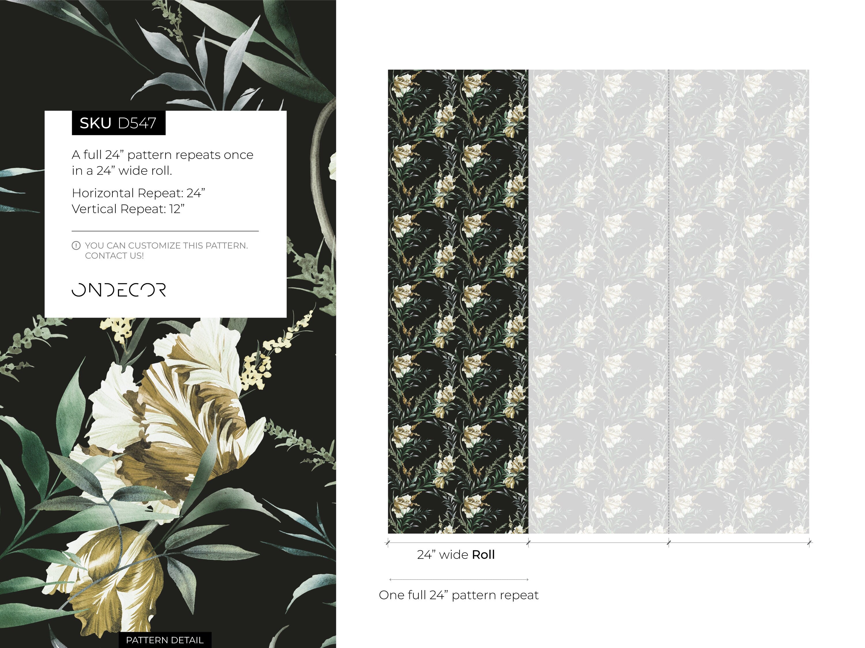 Floral Wallpaper With Vintage Botanical Tulips In Black, Gold, And Green - D547