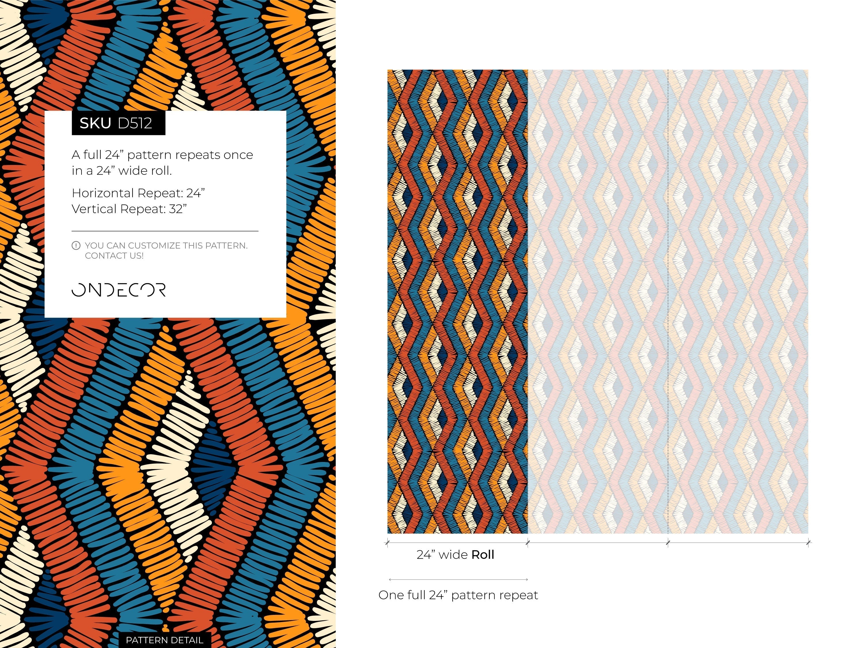 Tribal Wallpaper With An Embroidered Chevron In Orange, Blue, And Cream - D512