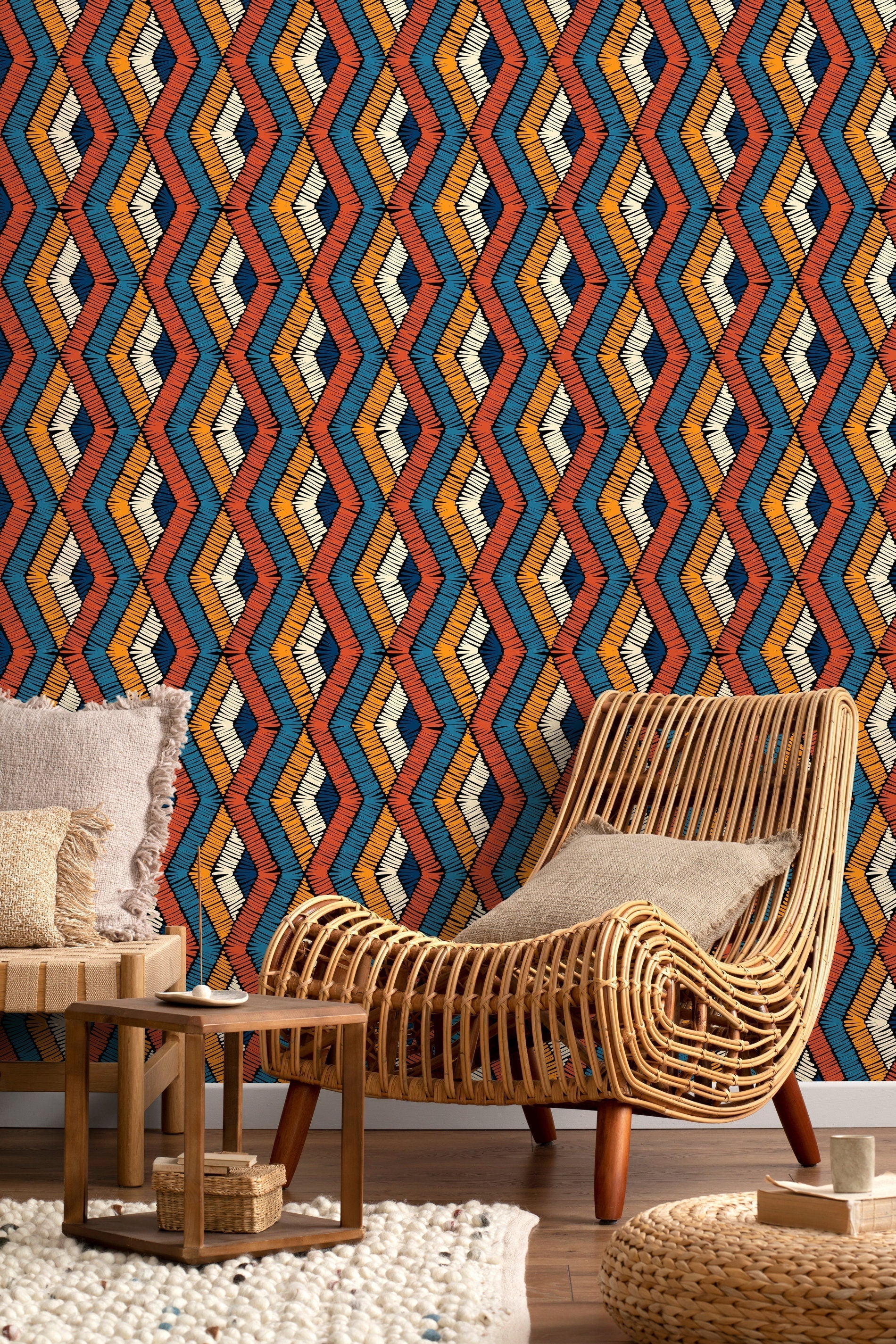 Tribal Wallpaper With An Embroidered Chevron In Orange, Blue, And Cream - D512