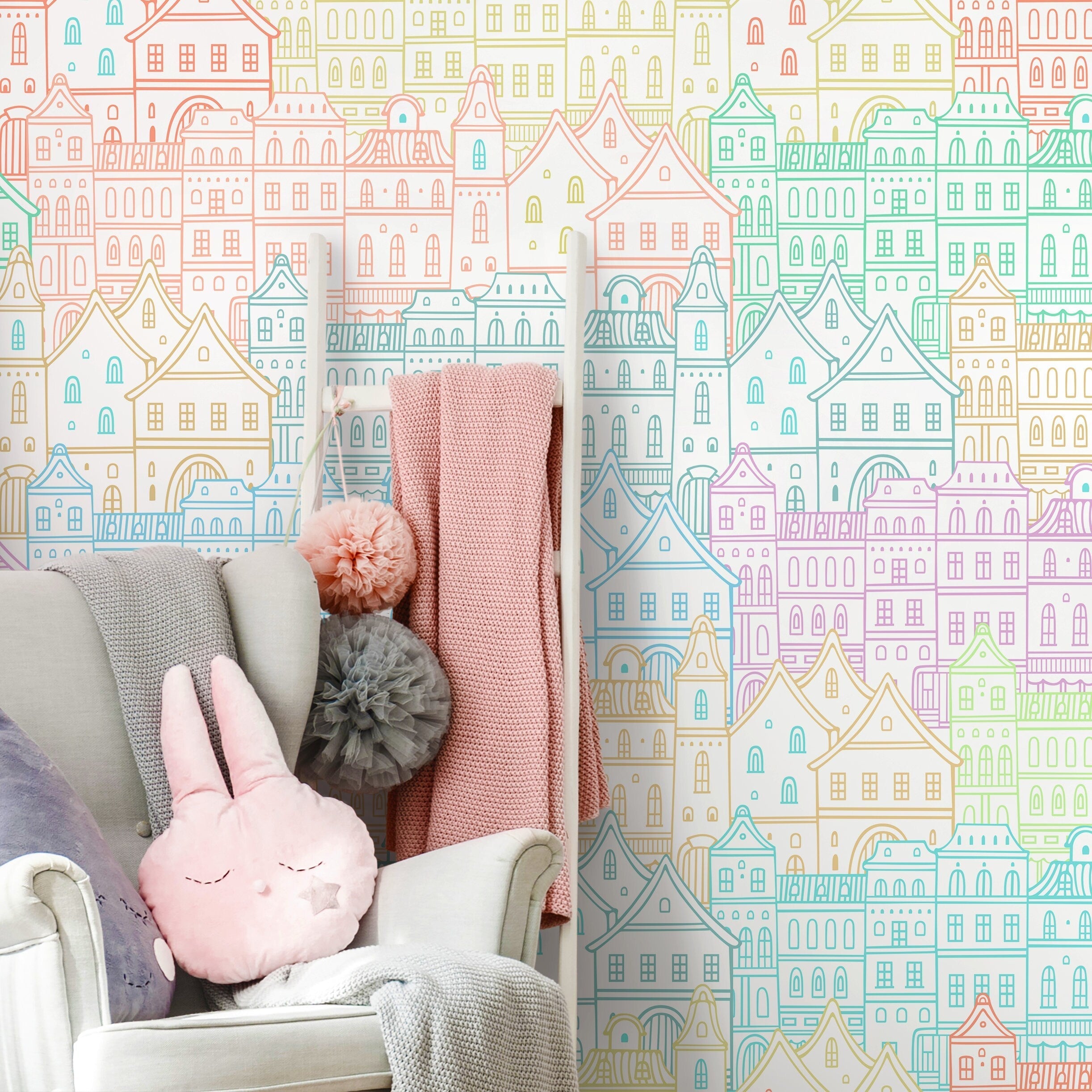 Cityscape Wallpaper With A Whimsical Hand-drawn Town In Blue, Pink, And Green - A743