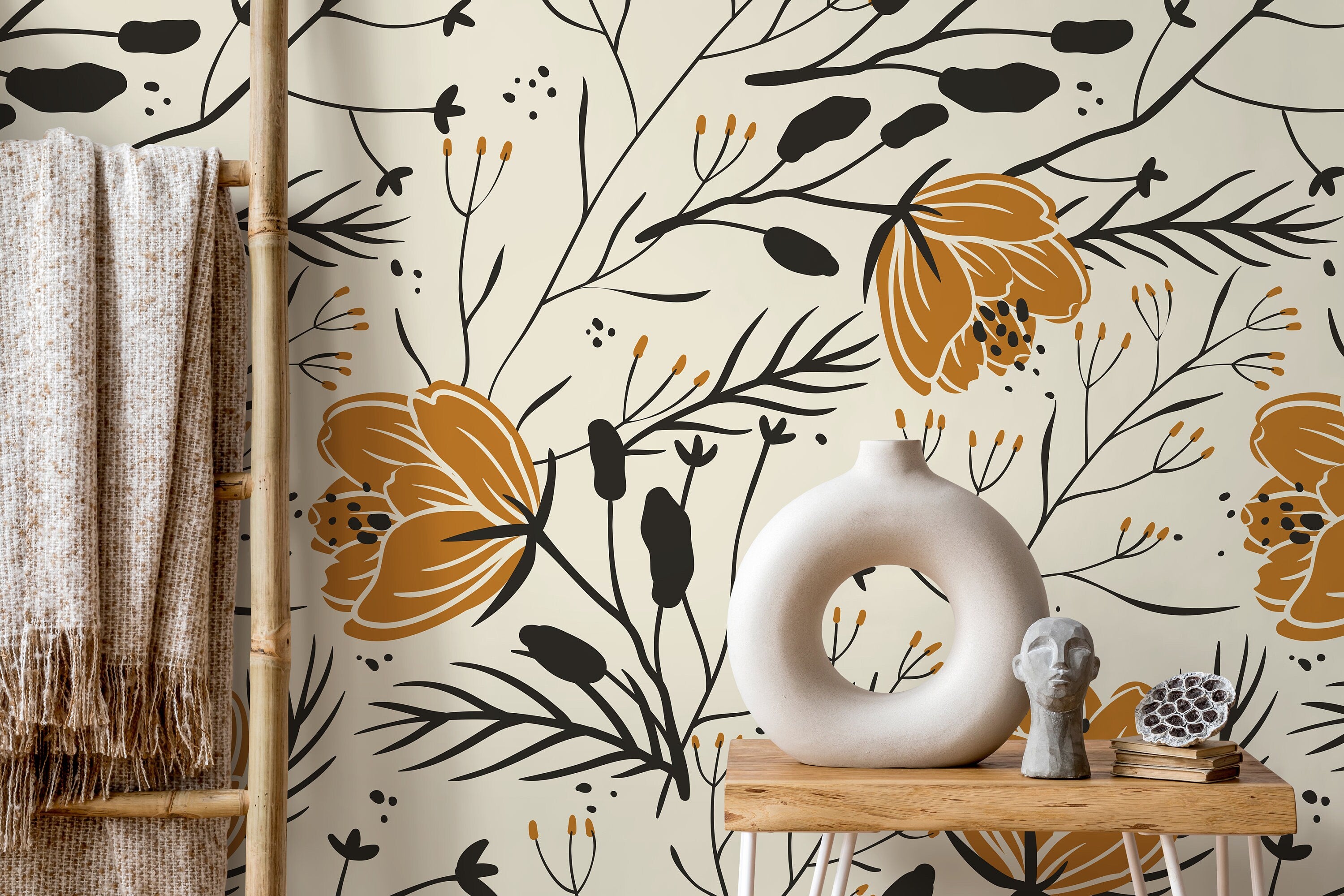 Floral Wallpaper Featuring Boho Wildflowers In Ochre And Black - D150