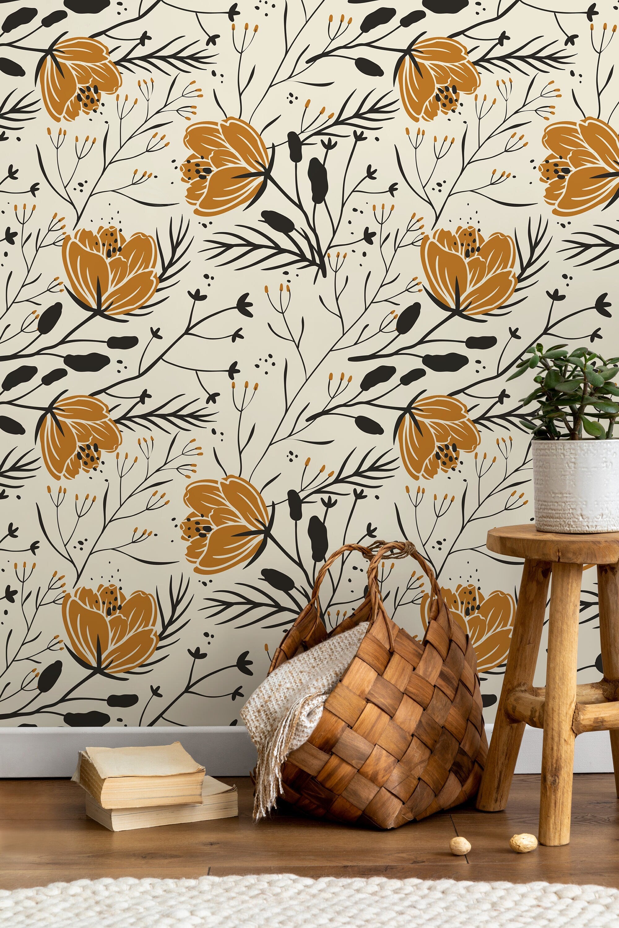 Floral Wallpaper Featuring Boho Wildflowers In Ochre And Black - D150