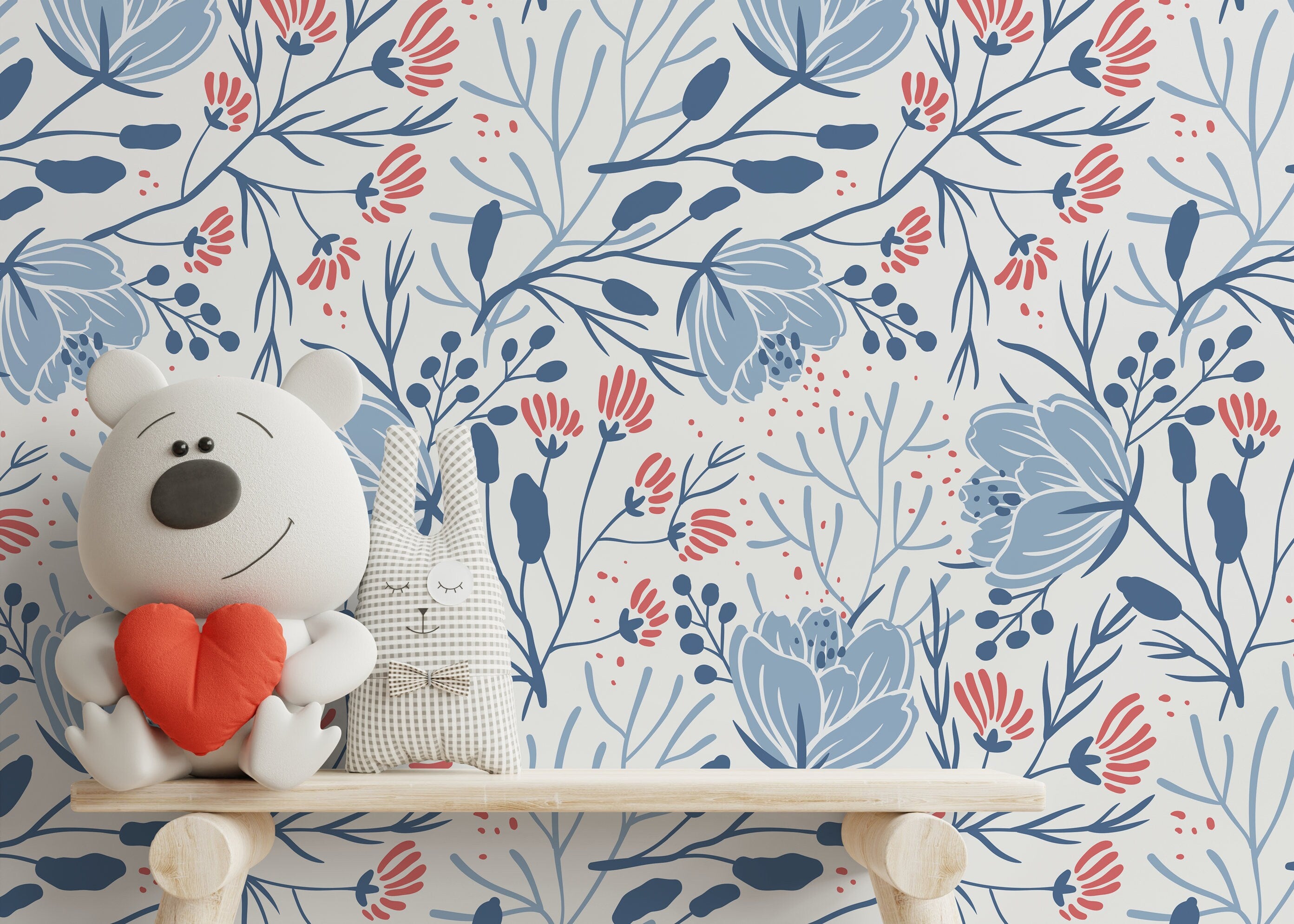 Scandinavian Wallpaper With A Folk Art Floral Motif In Blue And Red - D151