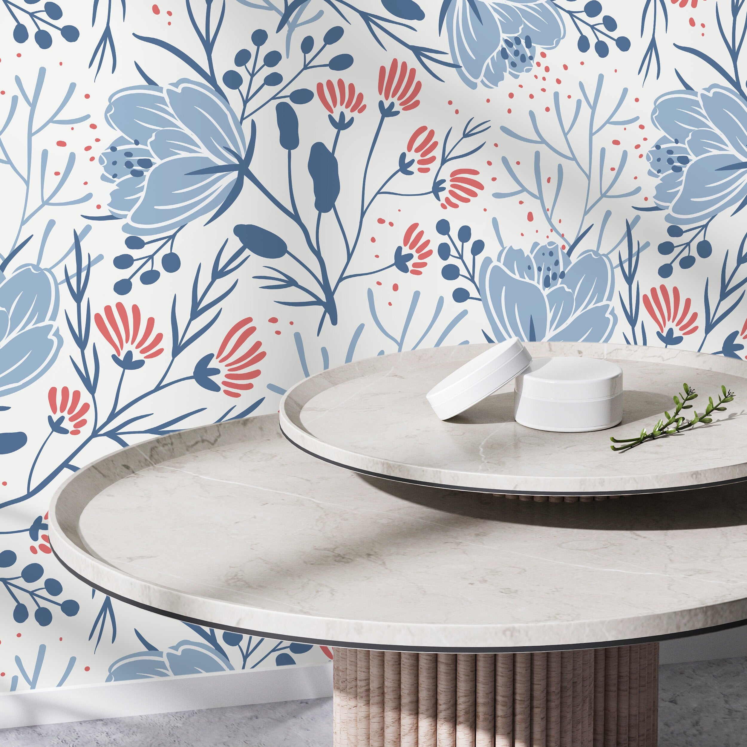 Scandinavian Wallpaper With A Folk Art Floral Motif In Blue And Red - D151
