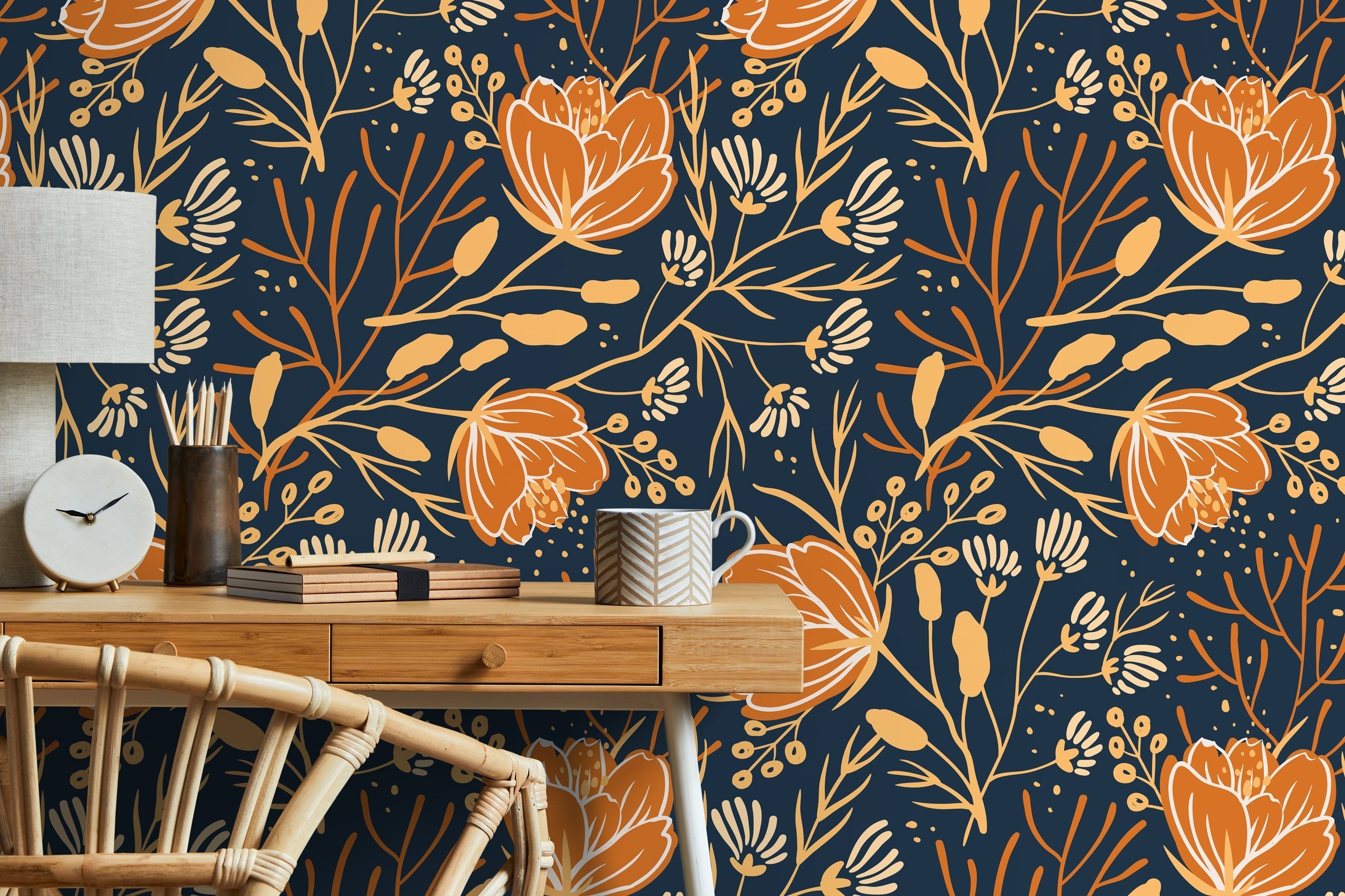 Floral Wallpaper With A Folk Art Motif In Navy Blue, Orange, And Cream - D152