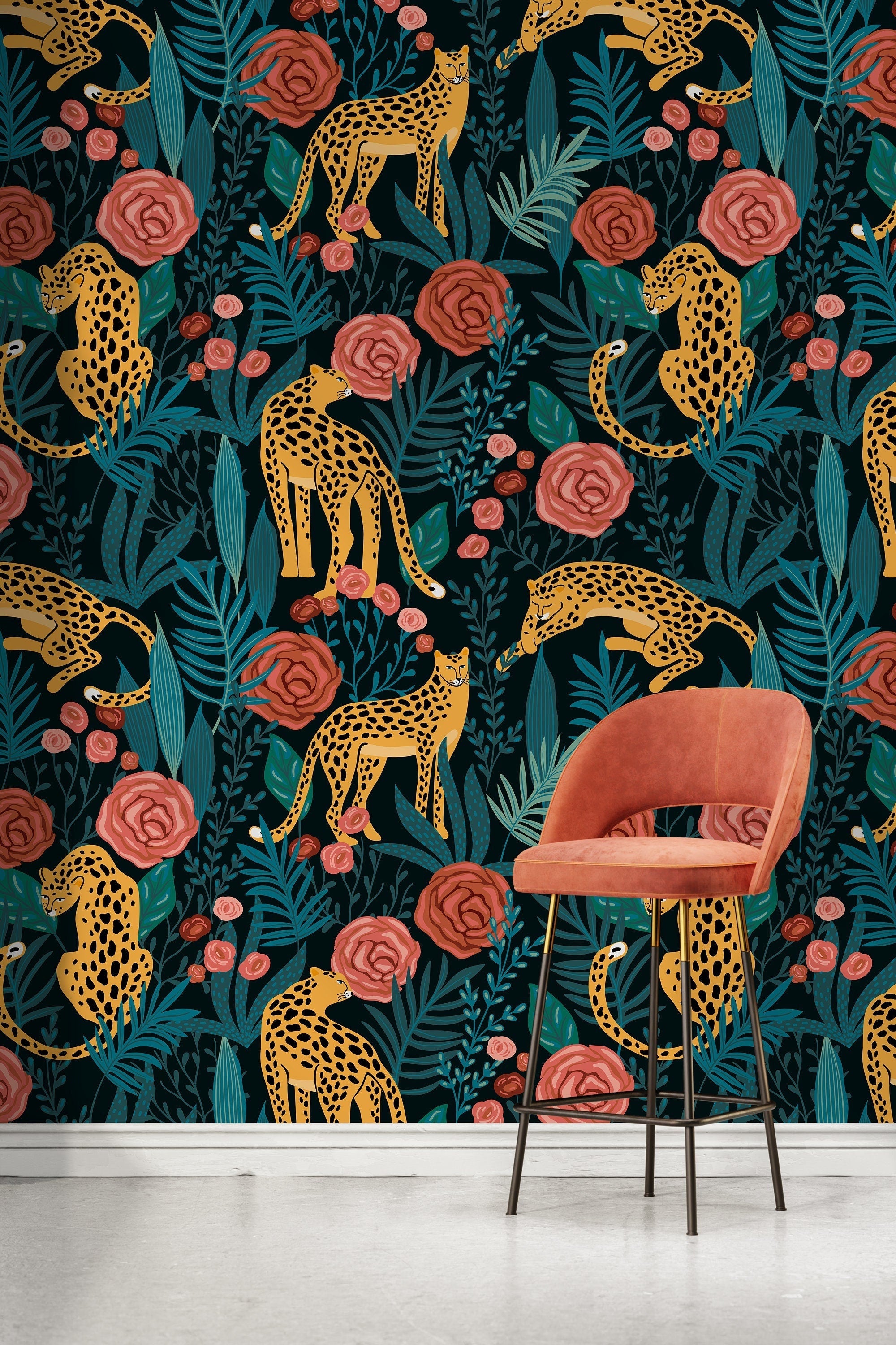 Animal Wallpaper Featuring Jungle Tigers And Roses In Pink, Yellow, And Teal - D155