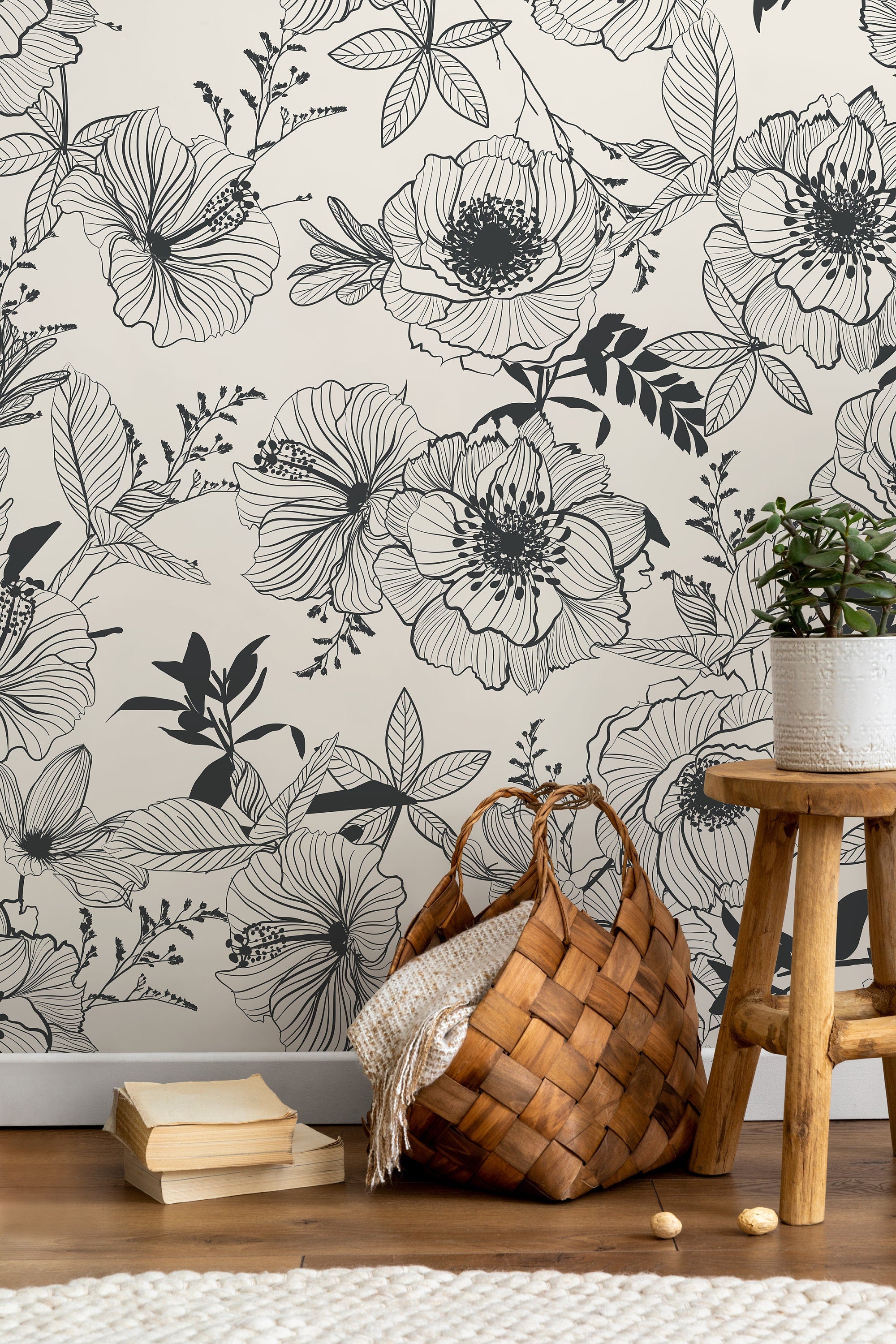 Floral Wallpaper Featuring Botanical Line Art In Black And Cream - D476