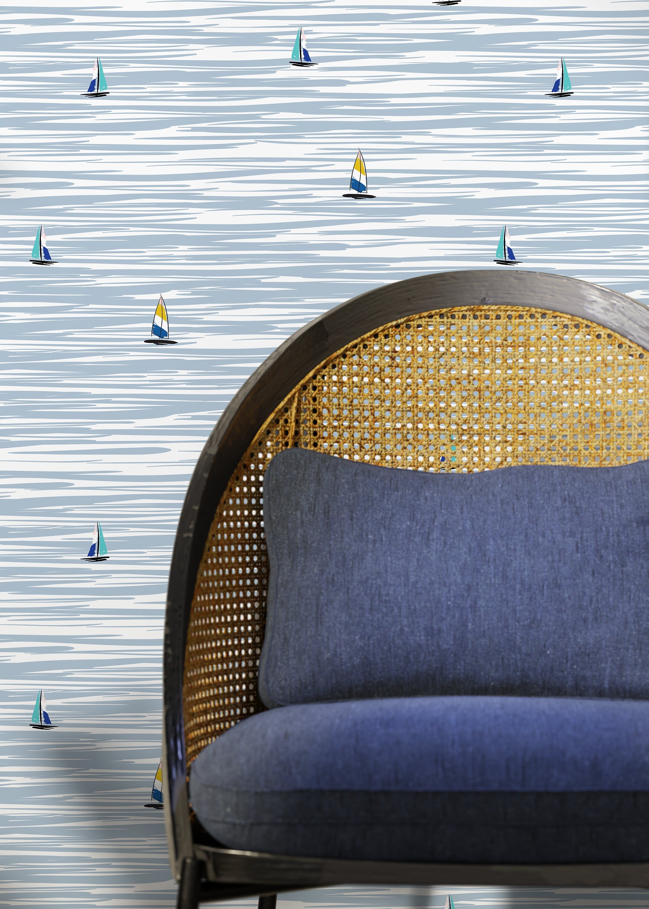 Nautical Wallpaper With Stylized Sailboats In Blue, Yellow, And Teal - D480
