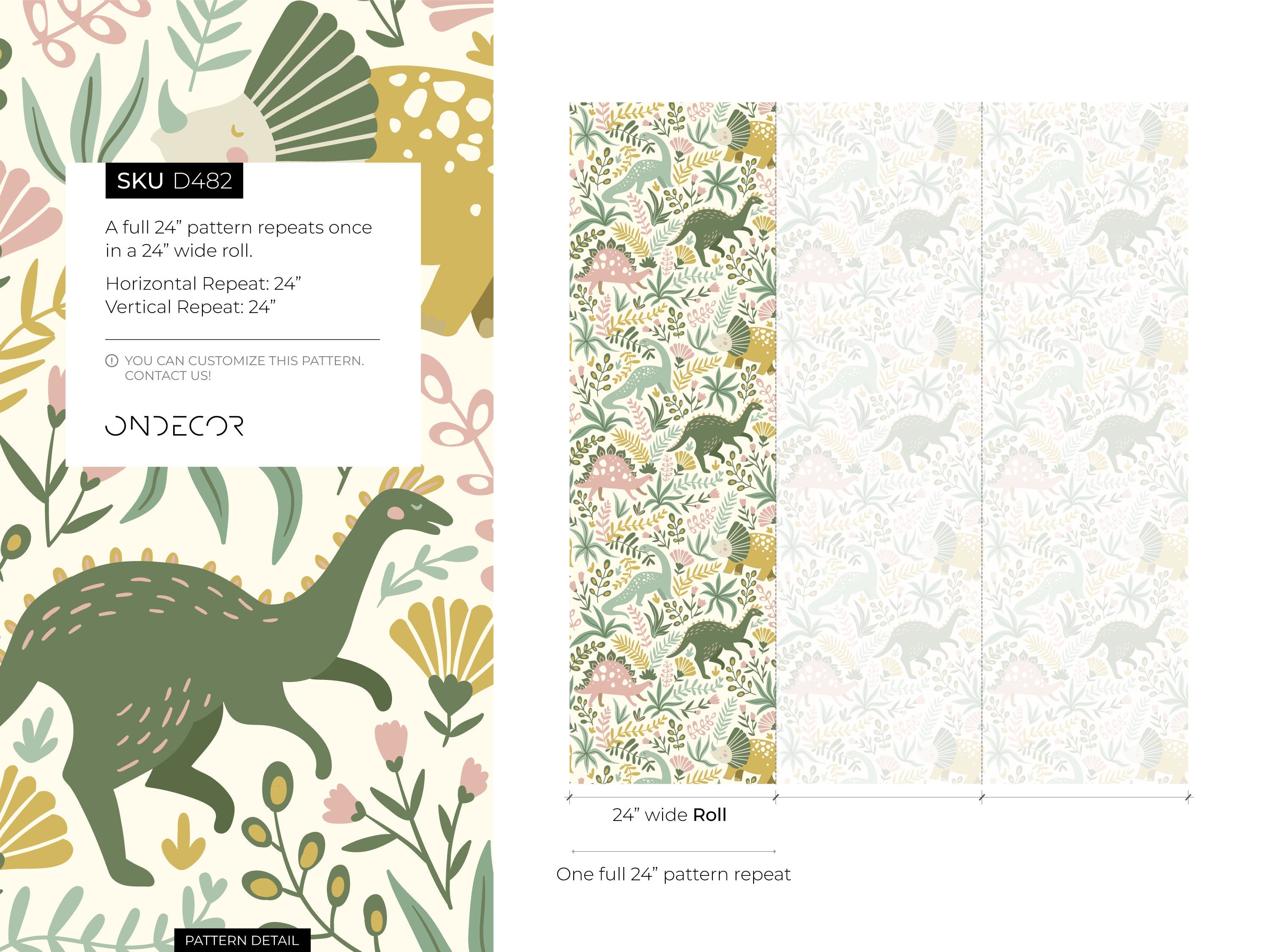 Dinosaur Wallpaper With Botanical Elements In Pink, Green, And Yellow - D482