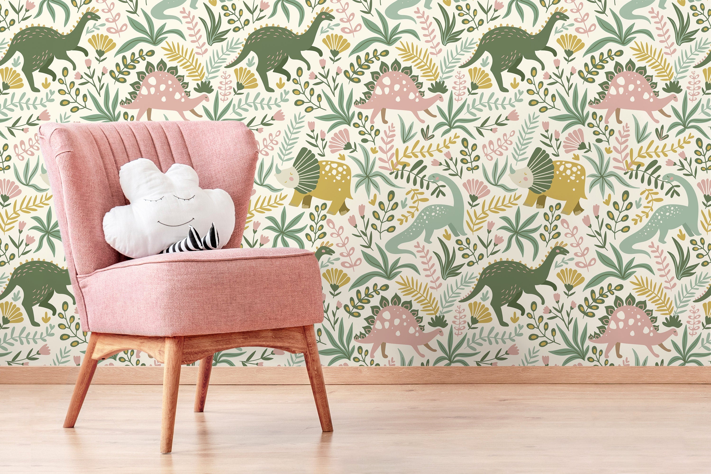 Dinosaur Wallpaper With Botanical Elements In Pink, Green, And Yellow - D482
