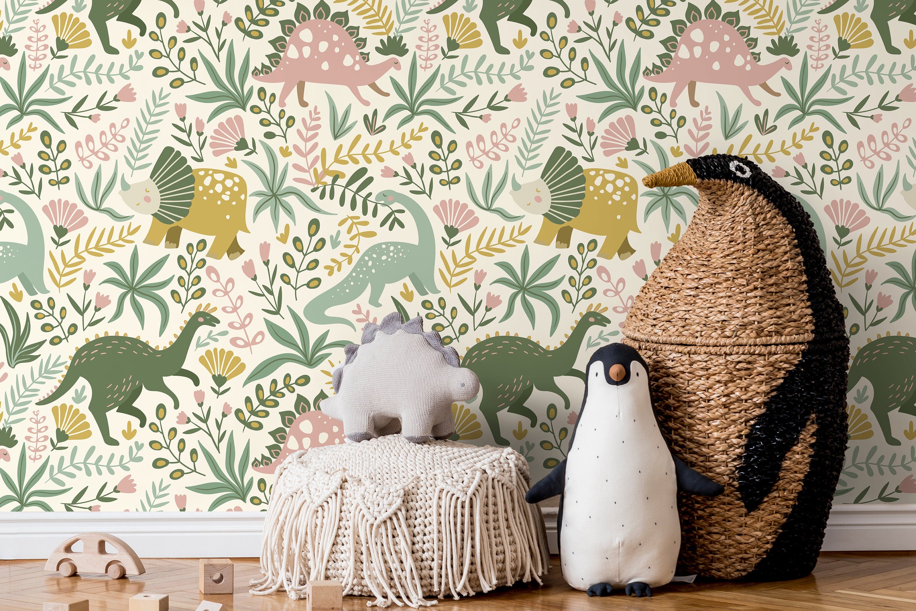 Dinosaur Wallpaper With Botanical Elements In Pink, Green, And Yellow - D482