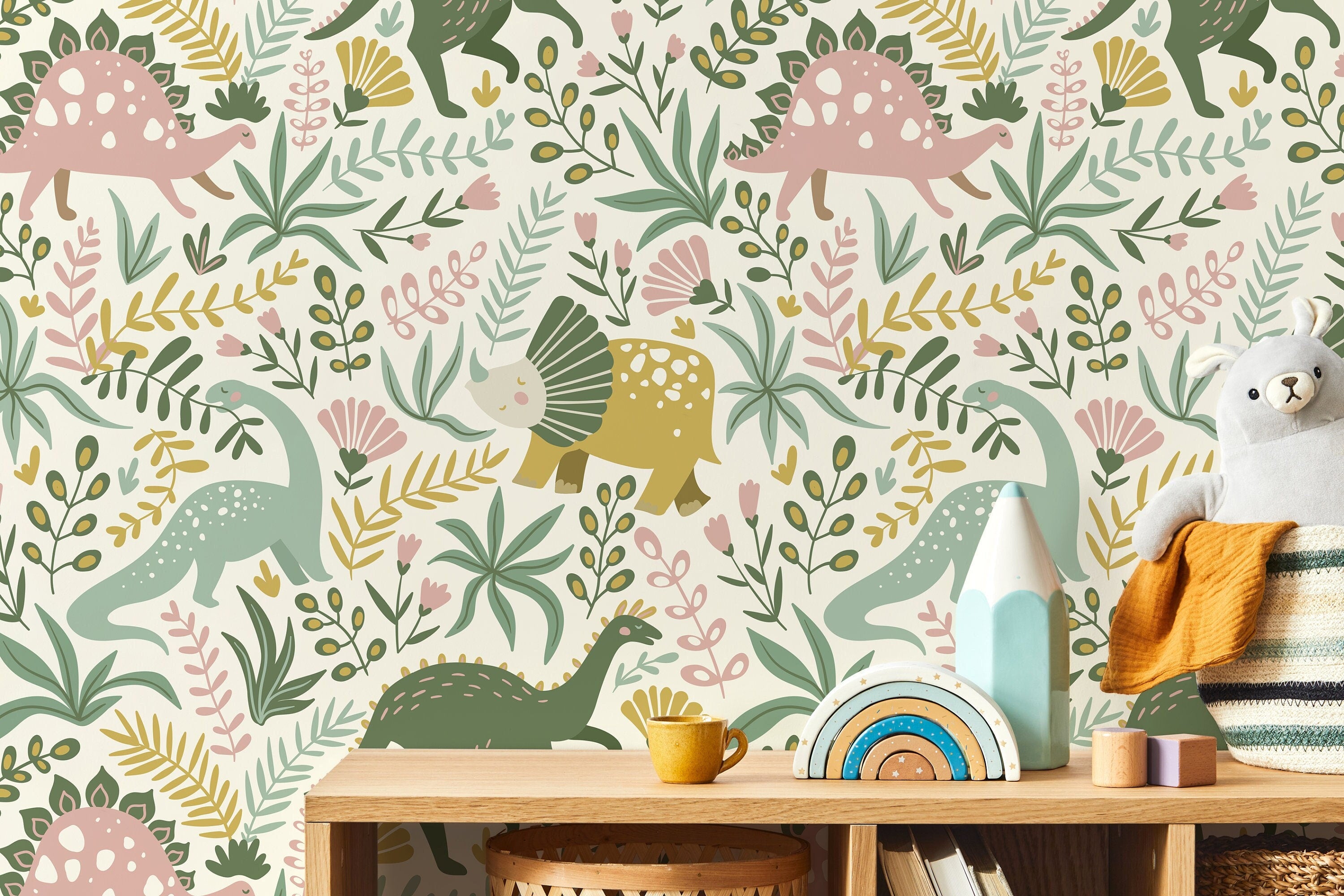 Dinosaur Wallpaper With Botanical Elements In Pink, Green, And Yellow - D482