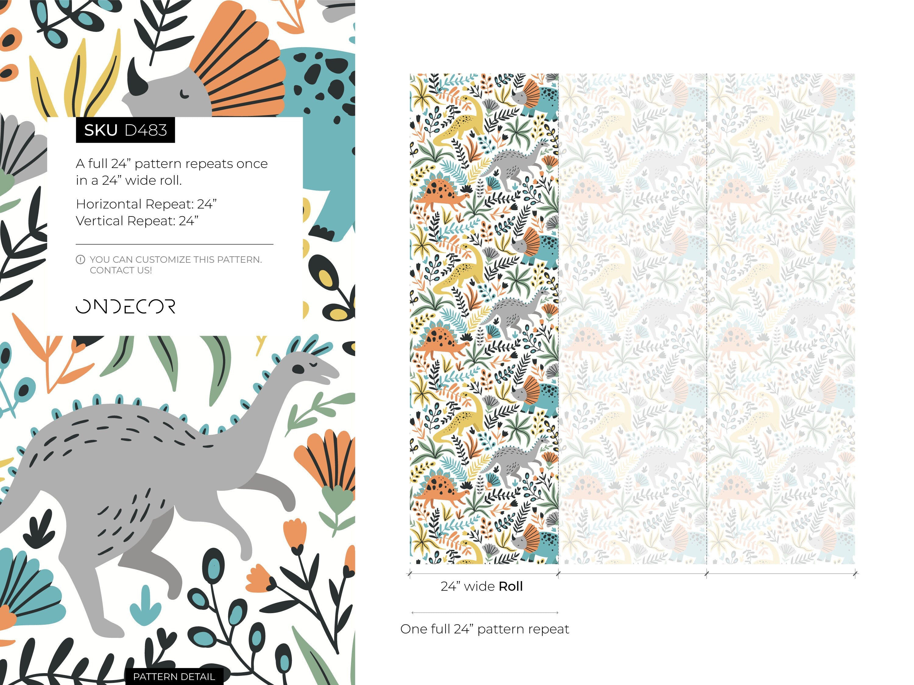 Dinosaur Wallpaper With Botanical Accents In Orange, Teal, And Yellow - D483