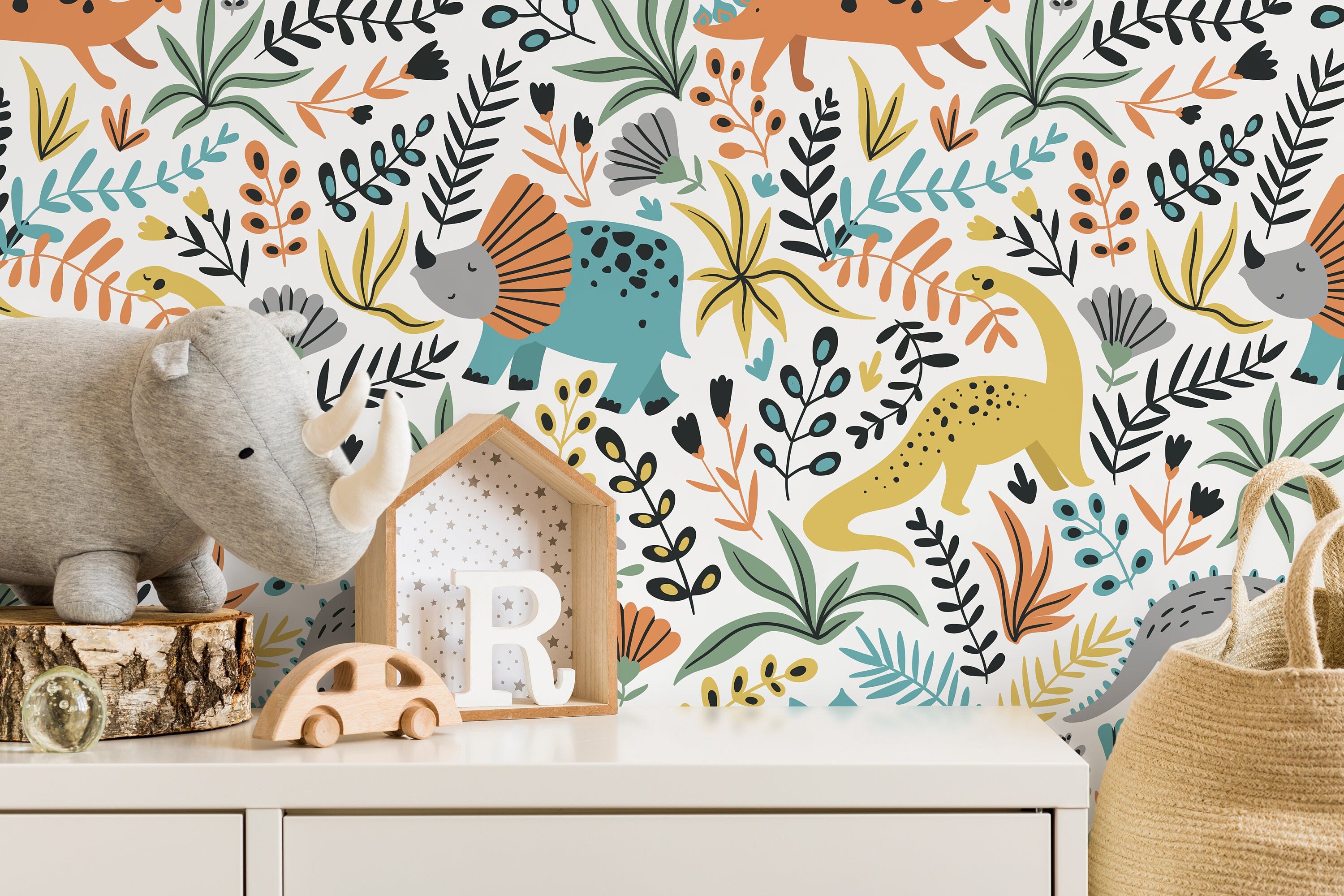 Dinosaur Wallpaper With Botanical Accents In Orange, Teal, And Yellow - D483