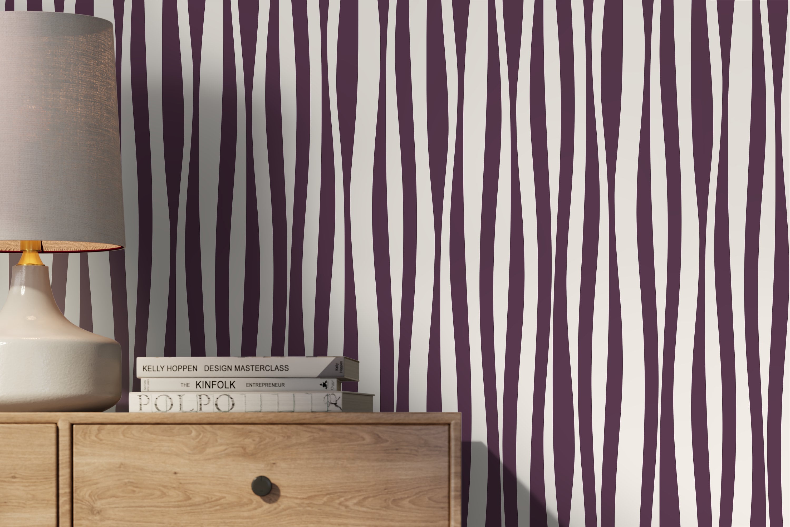 Abstract Wallpaper With Irregular Vertical Stripes In Purple And Off-white - D485