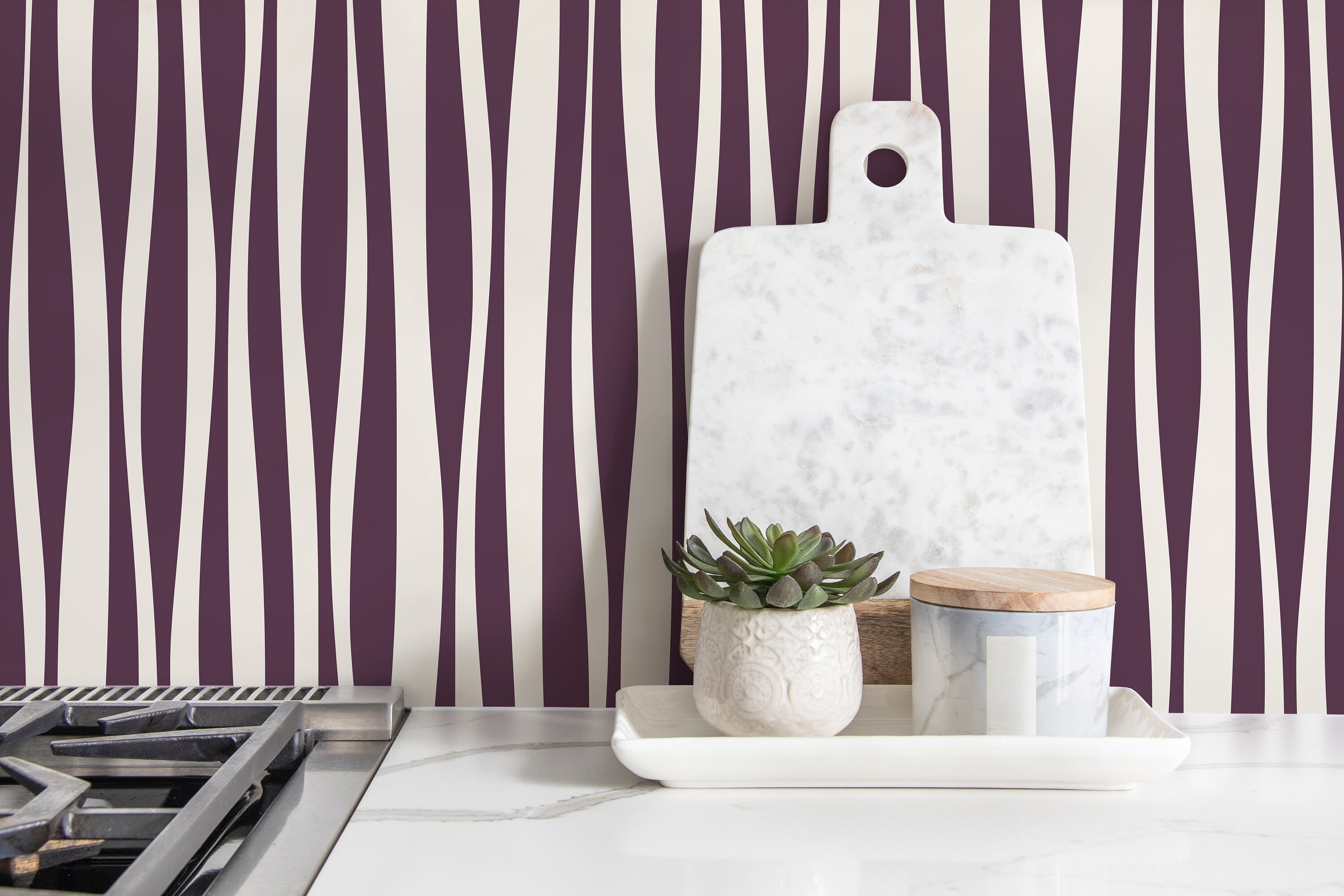 Abstract Wallpaper With Irregular Vertical Stripes In Purple And Off-white - D485