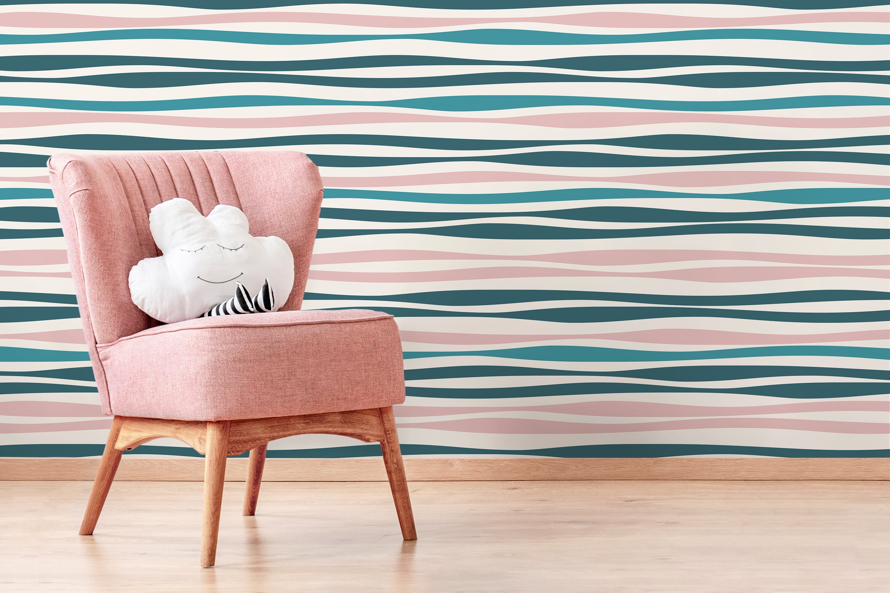 Abstract Wallpaper With Wavy Stripes In Pink, Blue, And White - D487