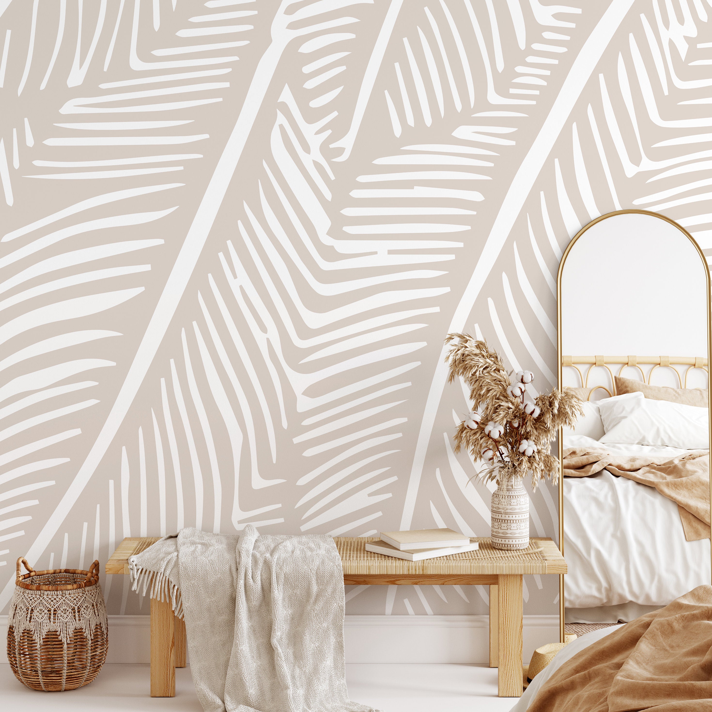 Botanical Wallpaper With A Stylized Leaf Motif In Beige And White - B965