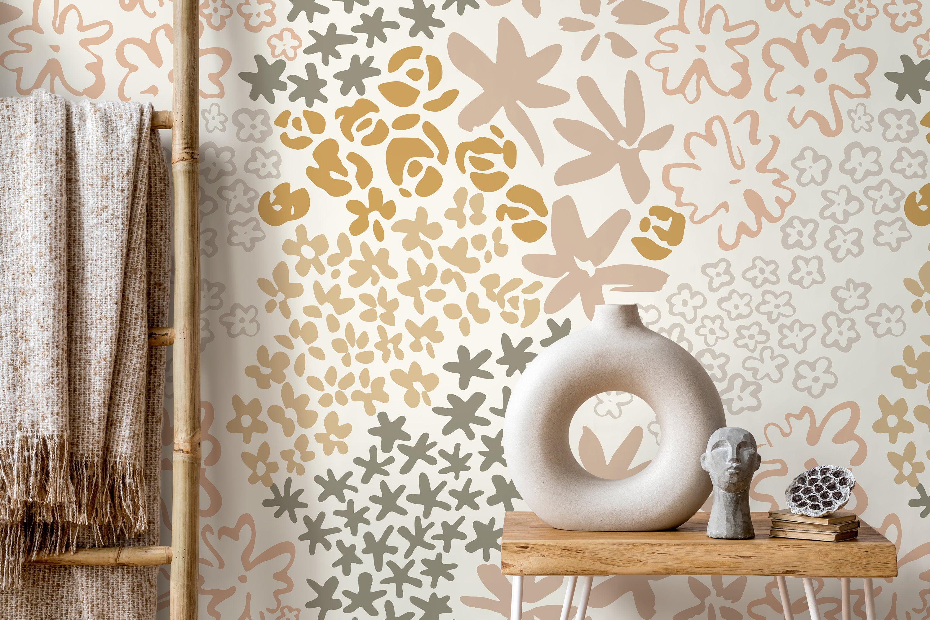 Floral Wallpaper With Stylized Blooms In Gold, Mauve, And Sage - D167
