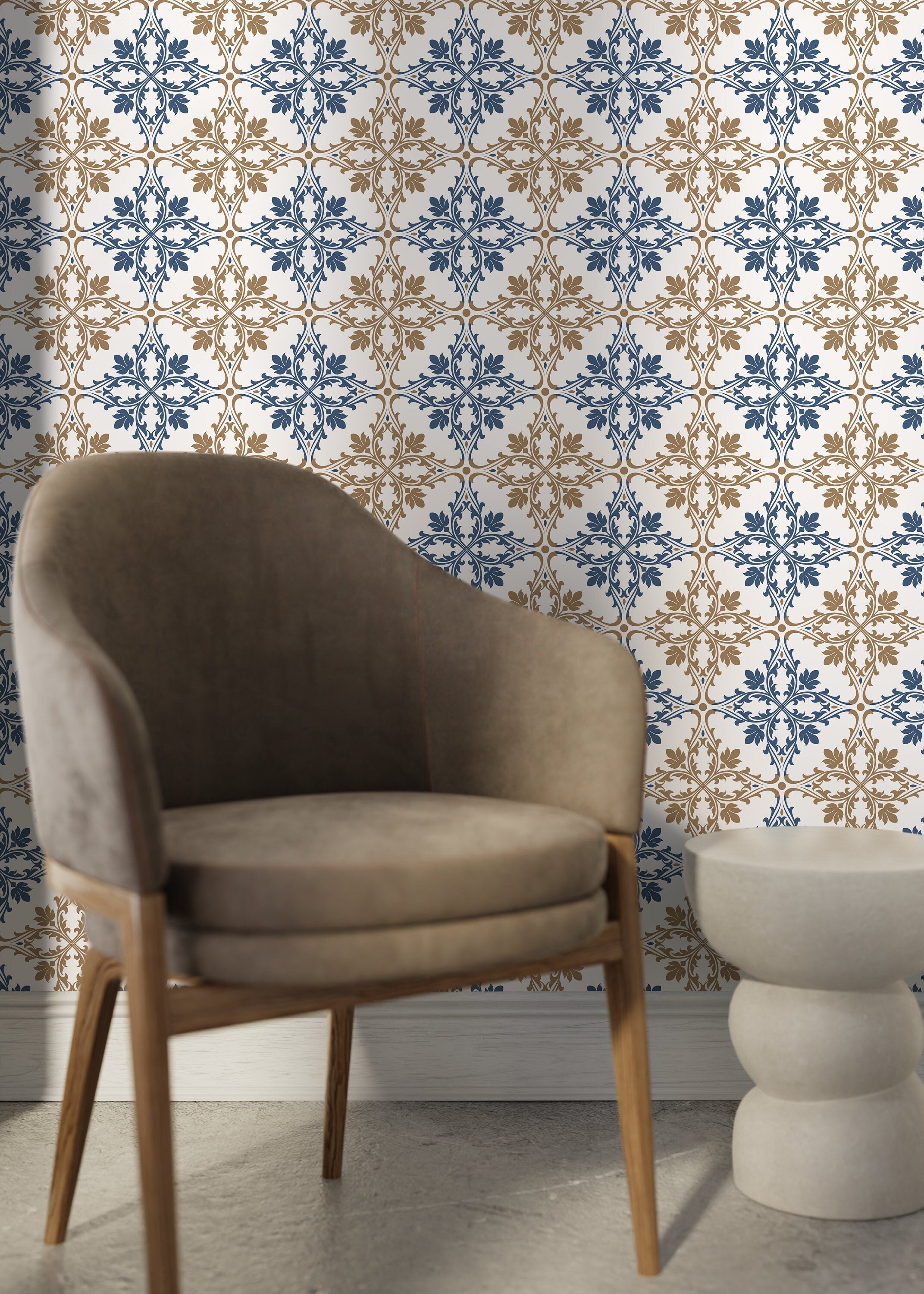 Tile Wallpaper With An Ornamental Damask Motif In Blue And Beige - D169