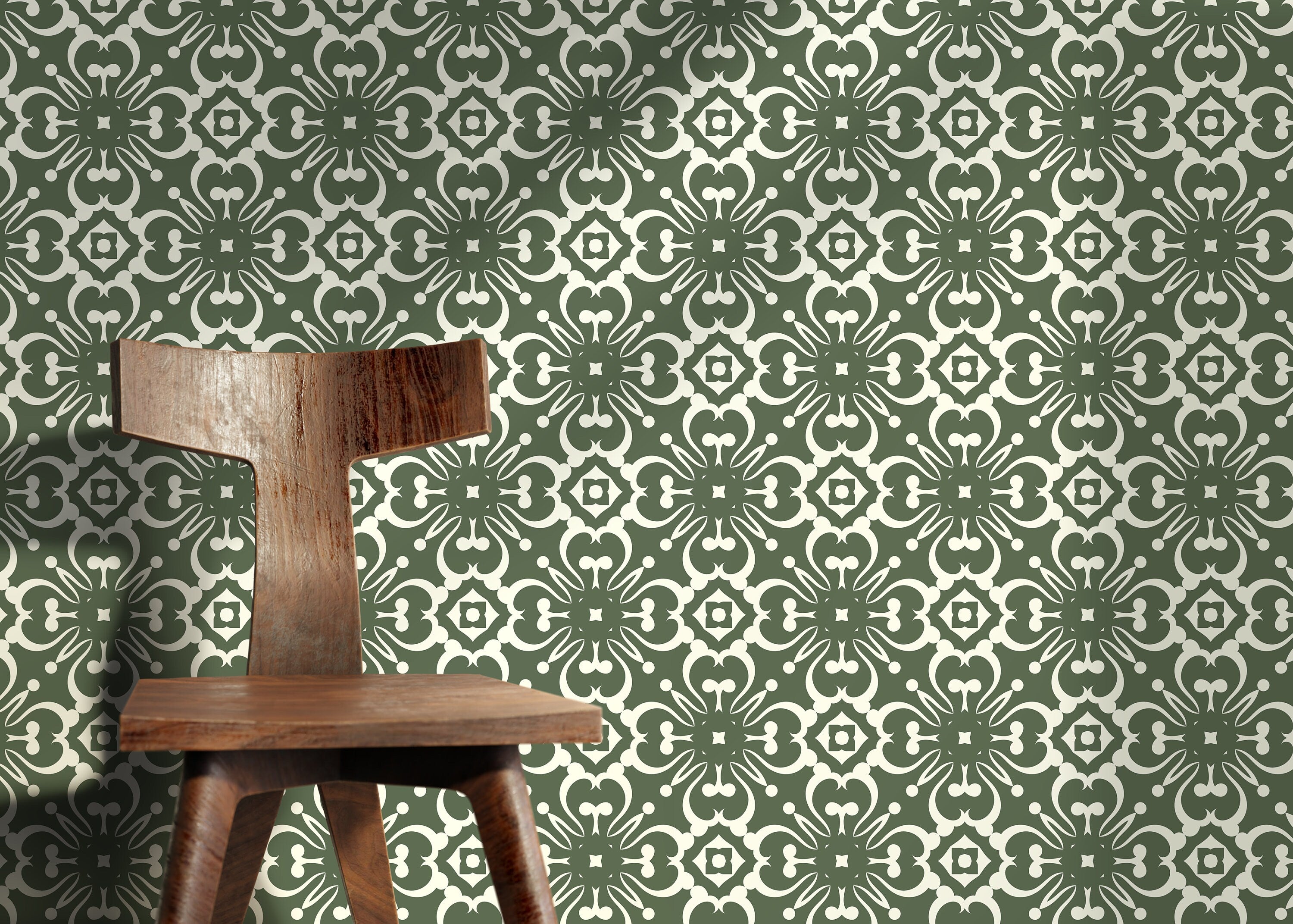Tile Wallpaper With An Ornate Symmetrical Motif In Green And White - D179