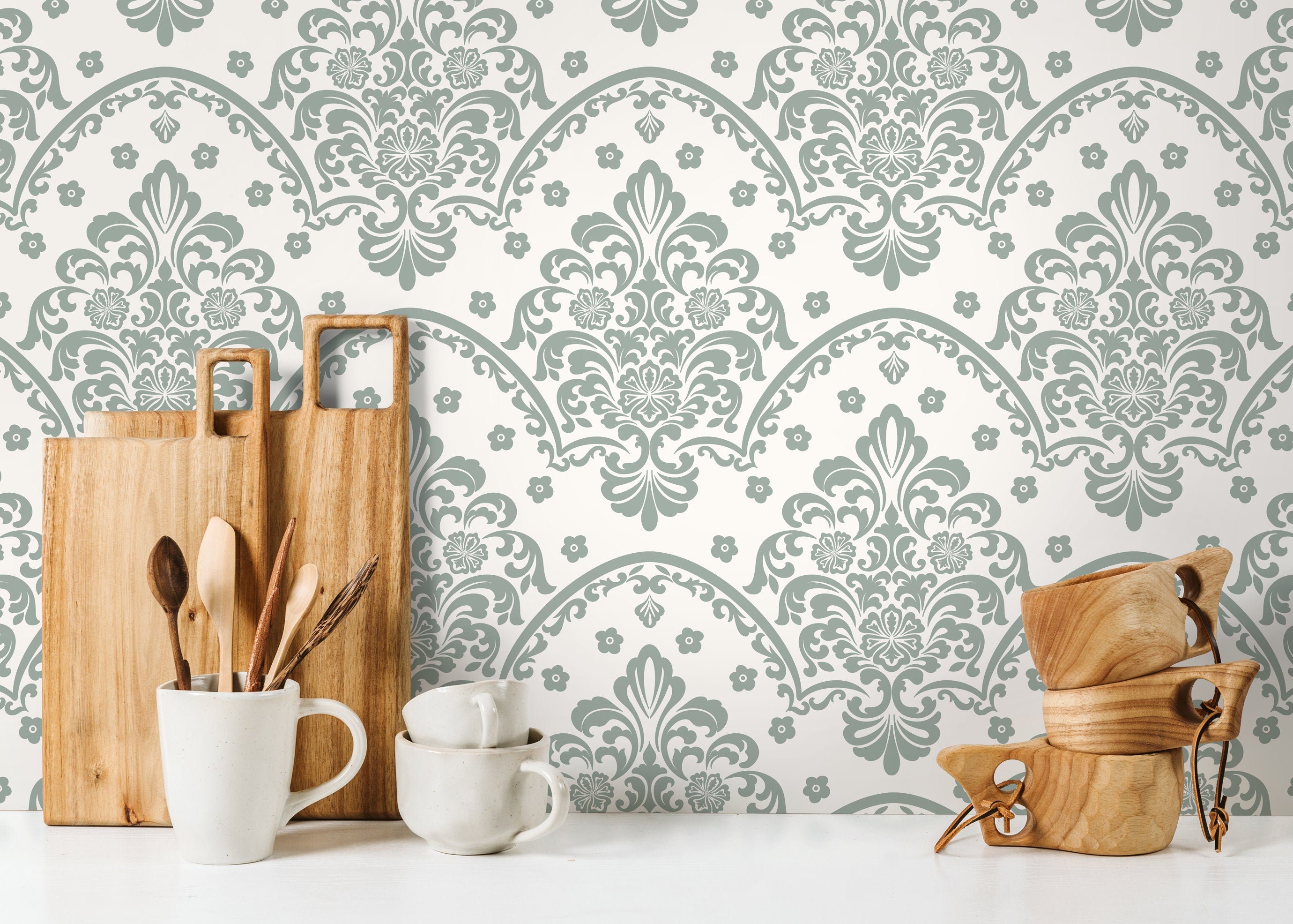 Vintage Wallpaper With An Ornate Scalloped Damask In Light Green - D196