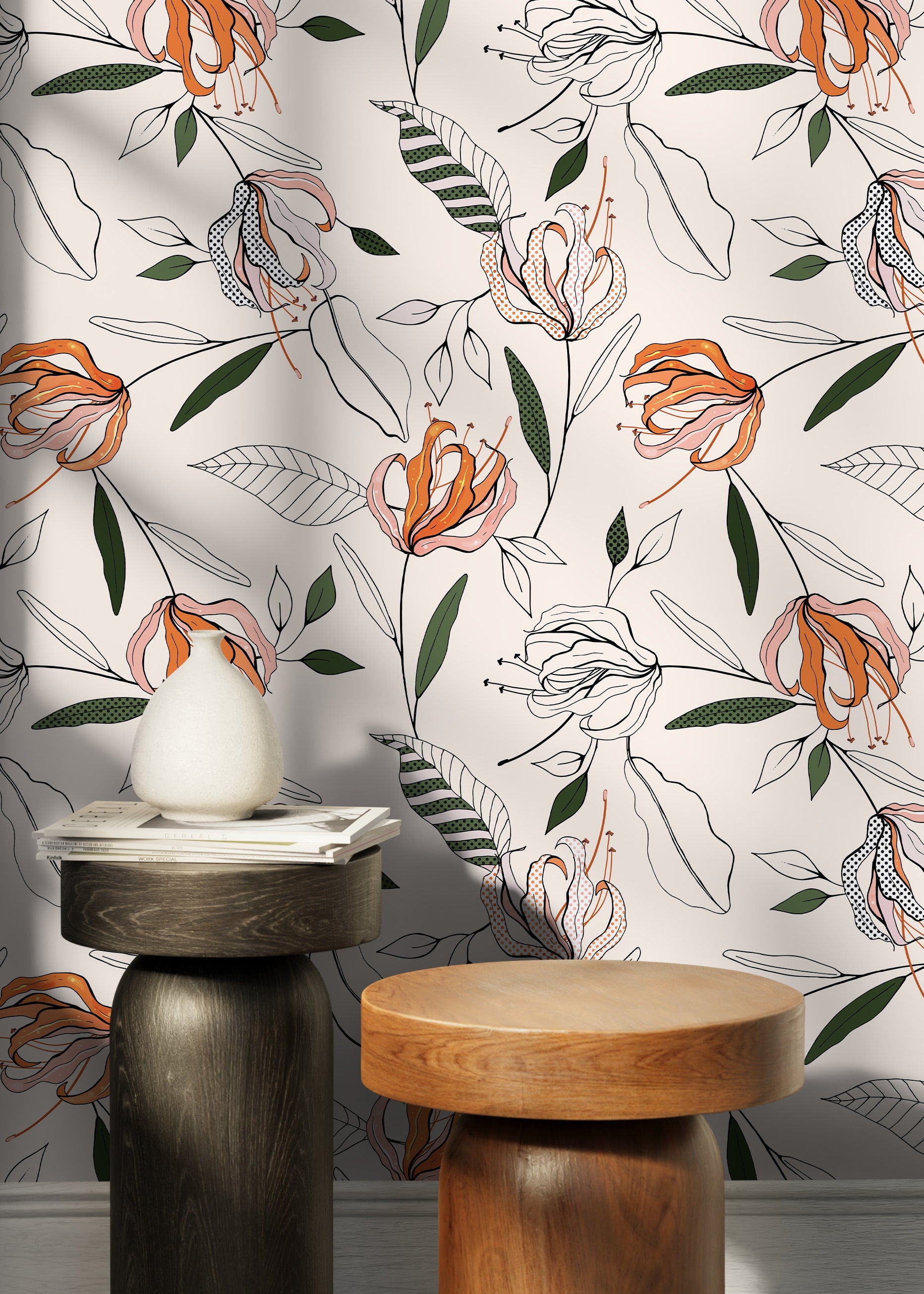 Floral Wallpaper With A Stylized Lily Motif In Orange, Pink, And Green - D199