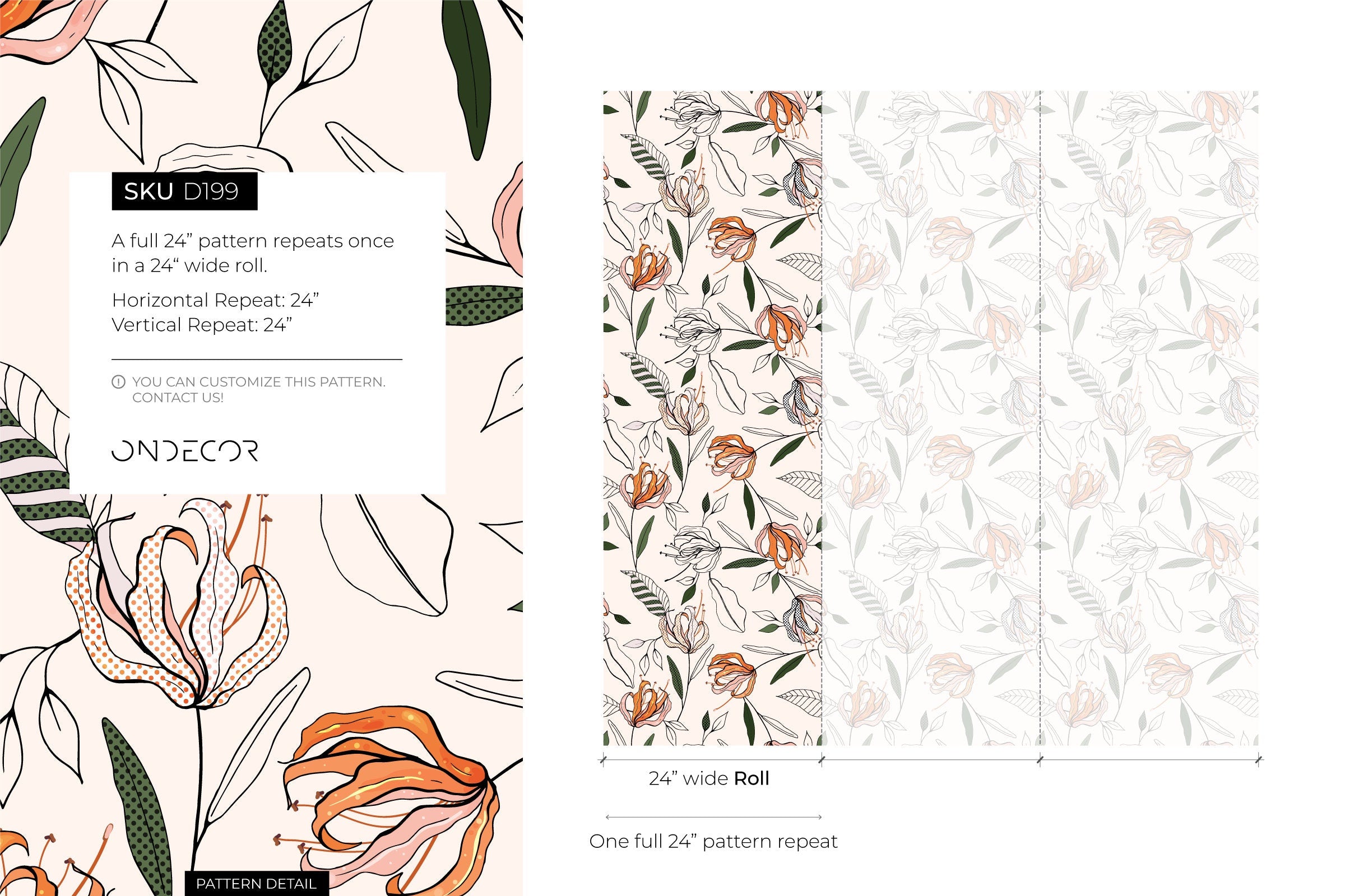 Floral Wallpaper With A Stylized Lily Motif In Orange, Pink, And Green - D199