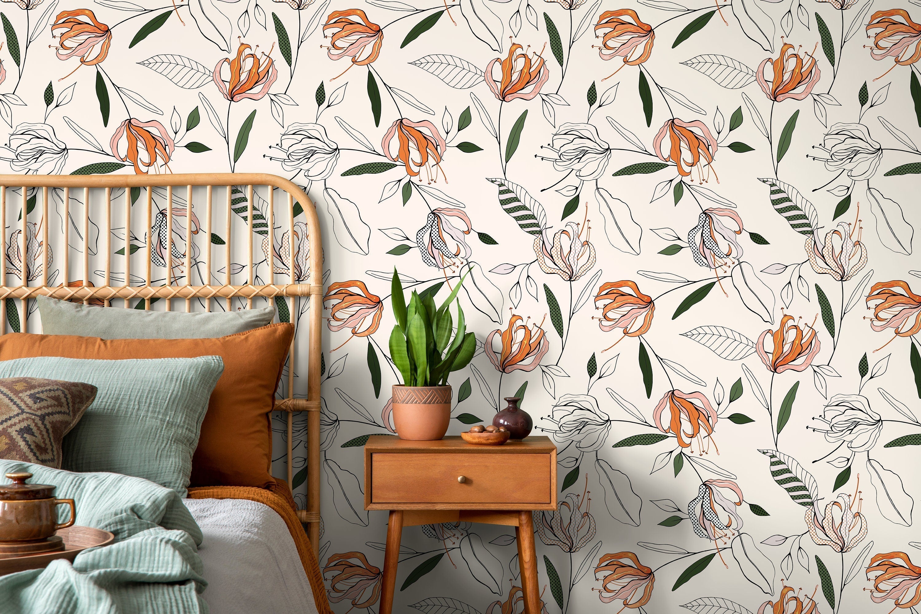 Floral Wallpaper With A Stylized Lily Motif In Orange, Pink, And Green - D199