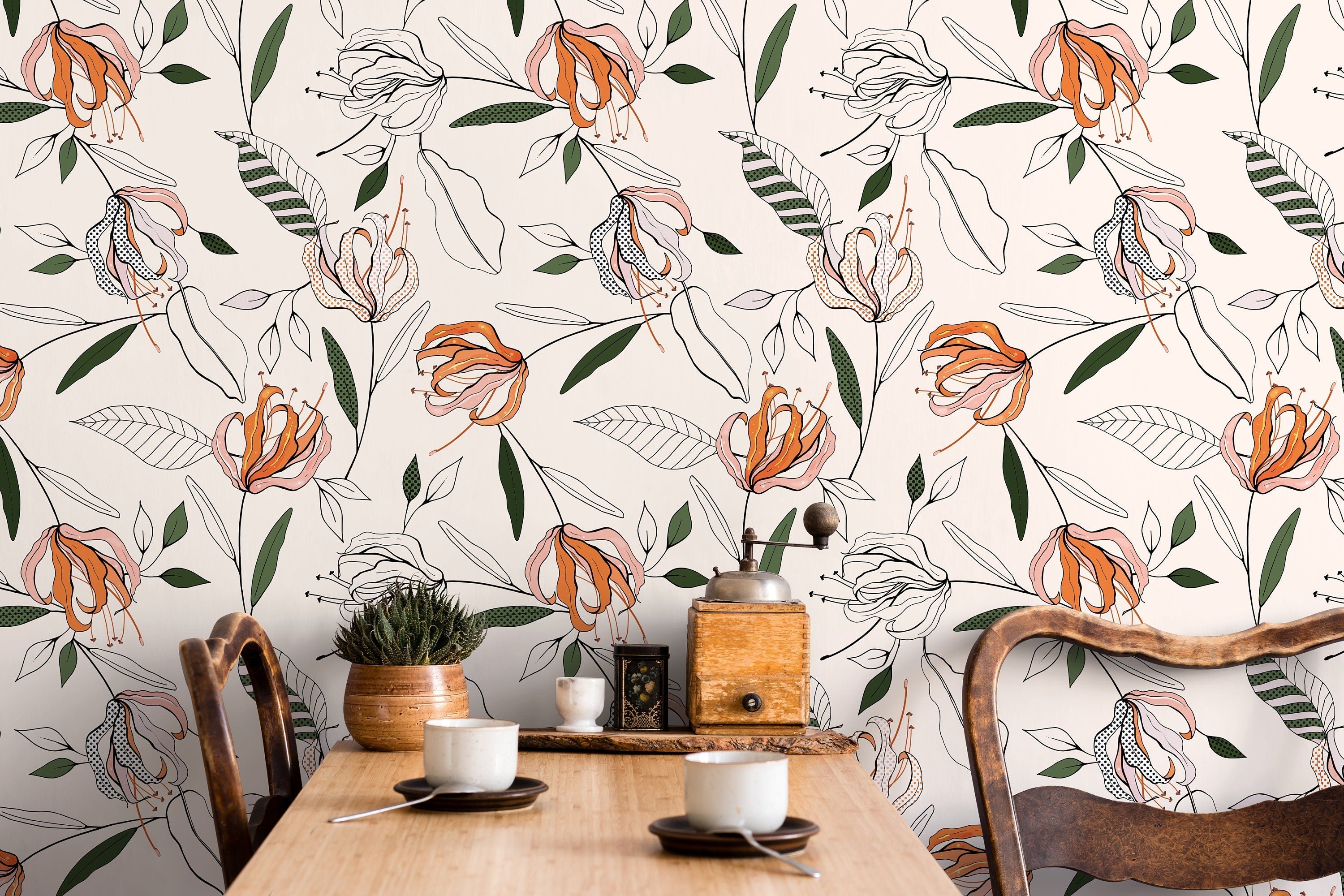 Floral Wallpaper With A Stylized Lily Motif In Orange, Pink, And Green - D199