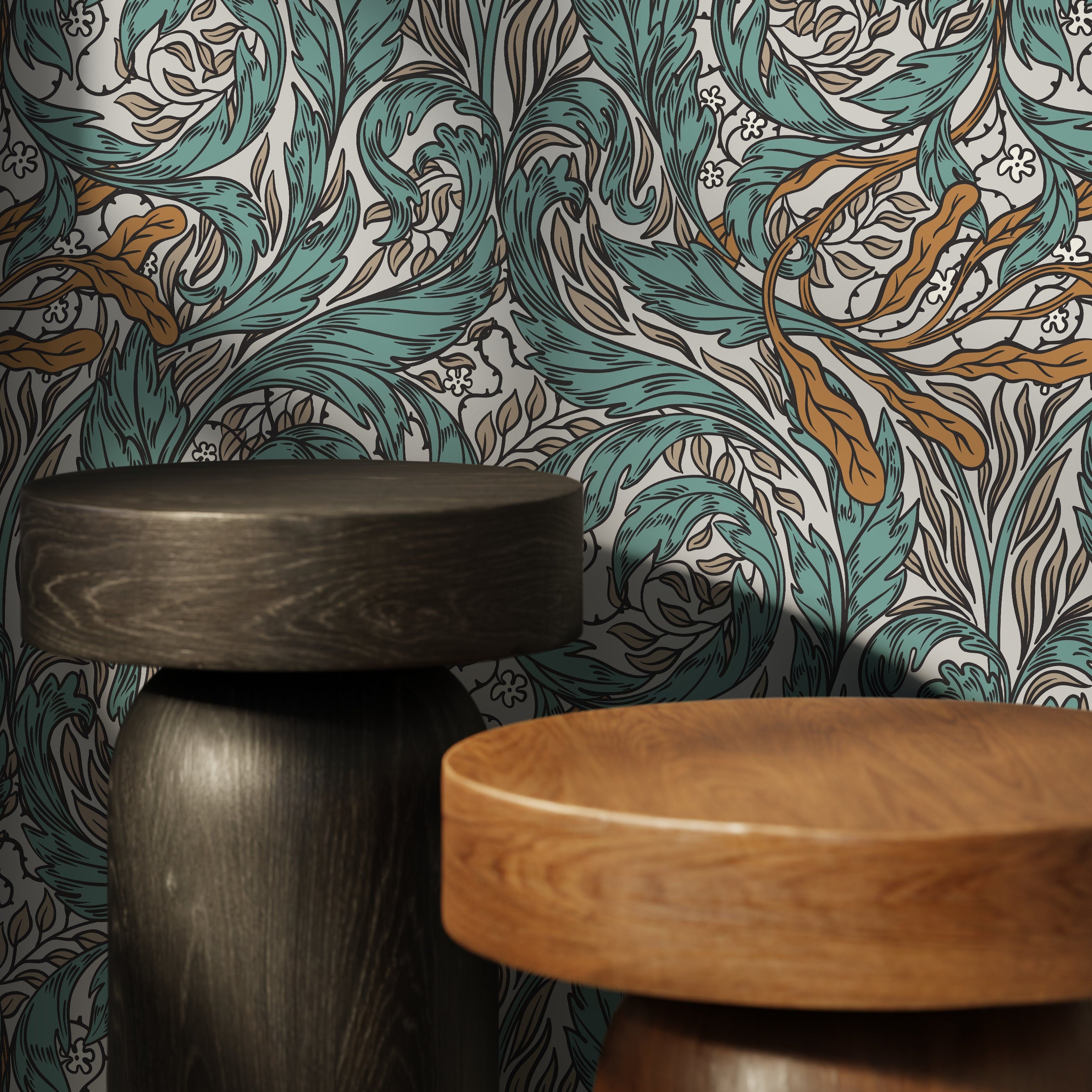 Art Nouveau Wallpaper With Swirling Botanical Vines In Teal And Ochre - D488