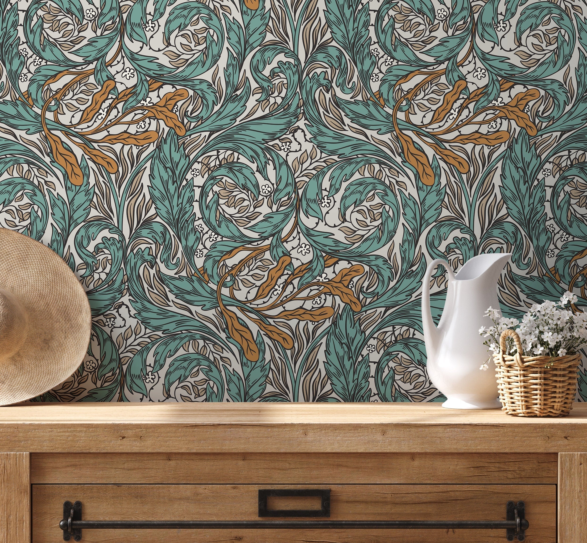Art Nouveau Wallpaper With Swirling Botanical Vines In Teal And Ochre - D488
