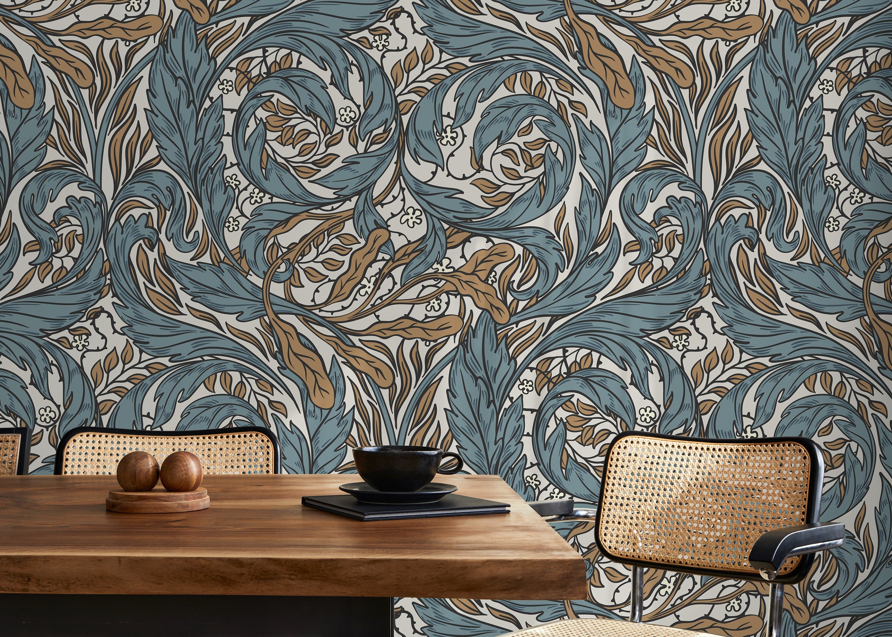 Art Nouveau Wallpaper With Ornamental Acanthus Vines In Blue And Brown - D489