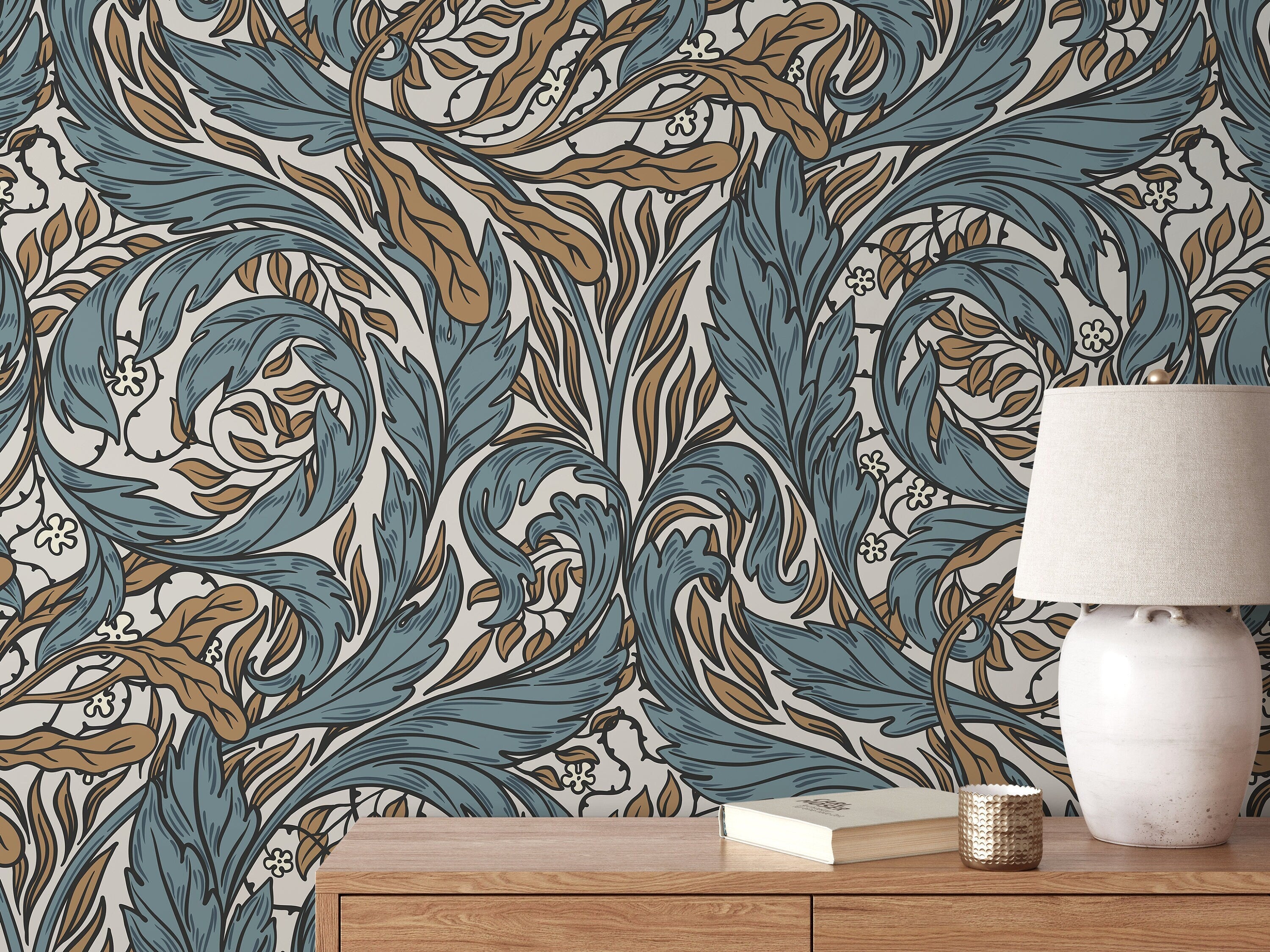 Art Nouveau Wallpaper With Ornamental Acanthus Vines In Blue And Brown - D489