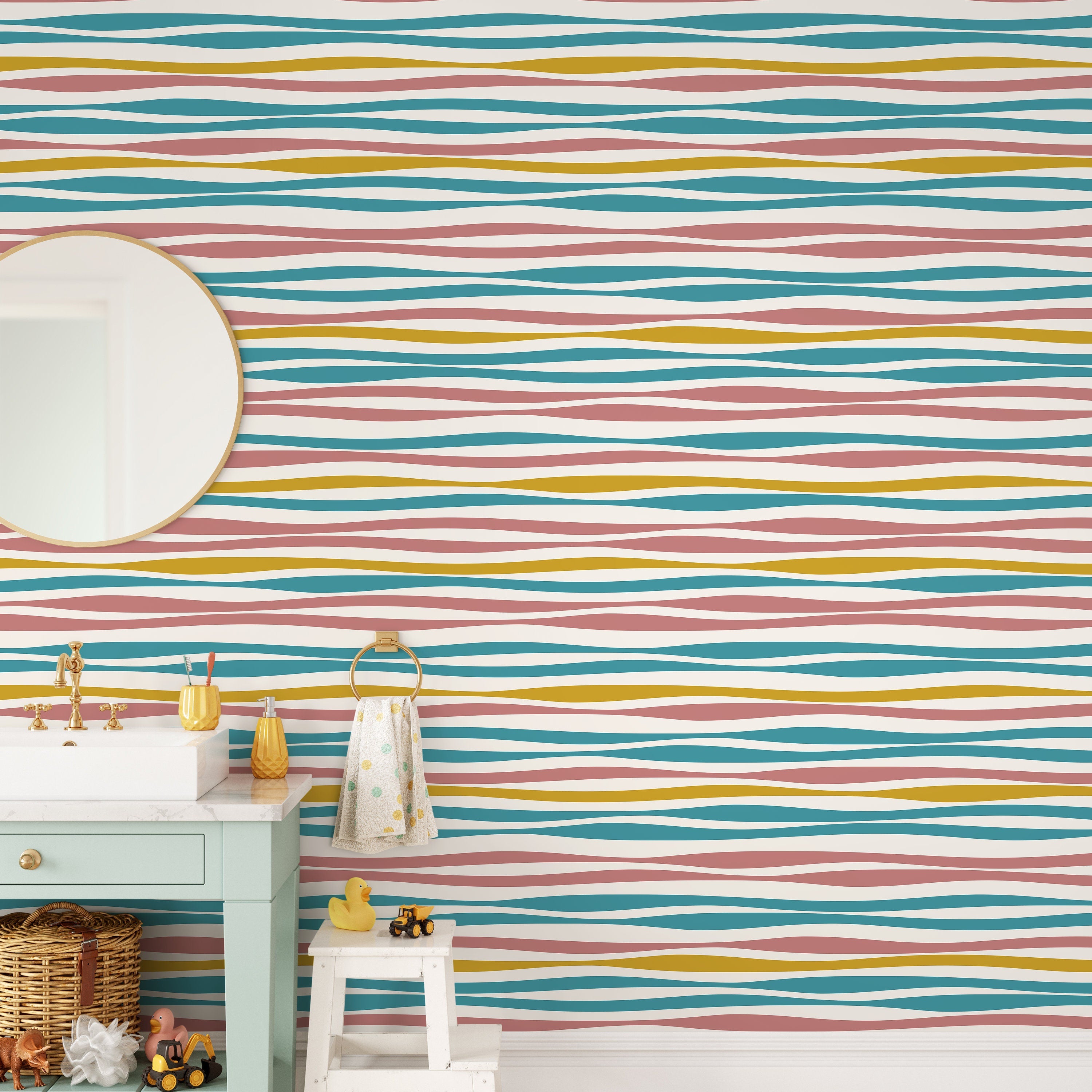 Abstract Wallpaper With Wavy Horizontal Stripes In Teal, Pink, And Yellow - D490